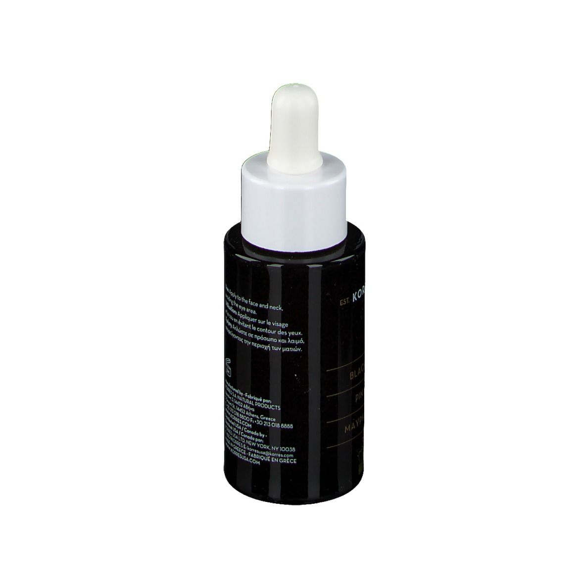 Flacone nero con tappo bianco e pipetta. Retro con testo. KORRES Black Pine 3D Siero.