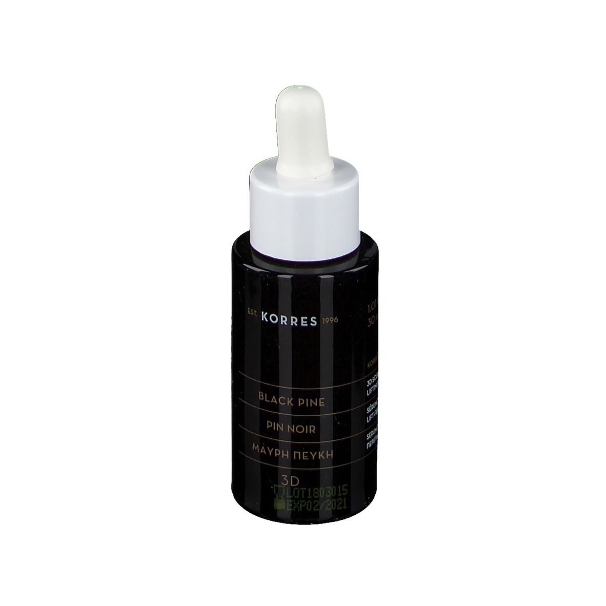 Flacone nero con tappo bianco e pipetta. Scritta: KORRES Black Pine 3D Siero.