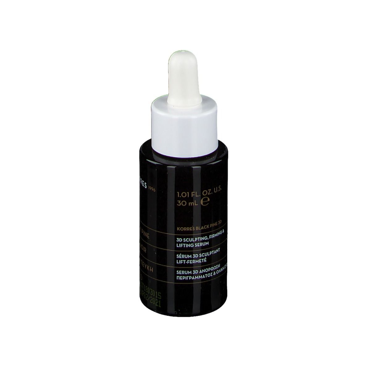 Flacone nero con tappo bianco e pipetta. Scritta: KORRES Black Pine 3D Siero.