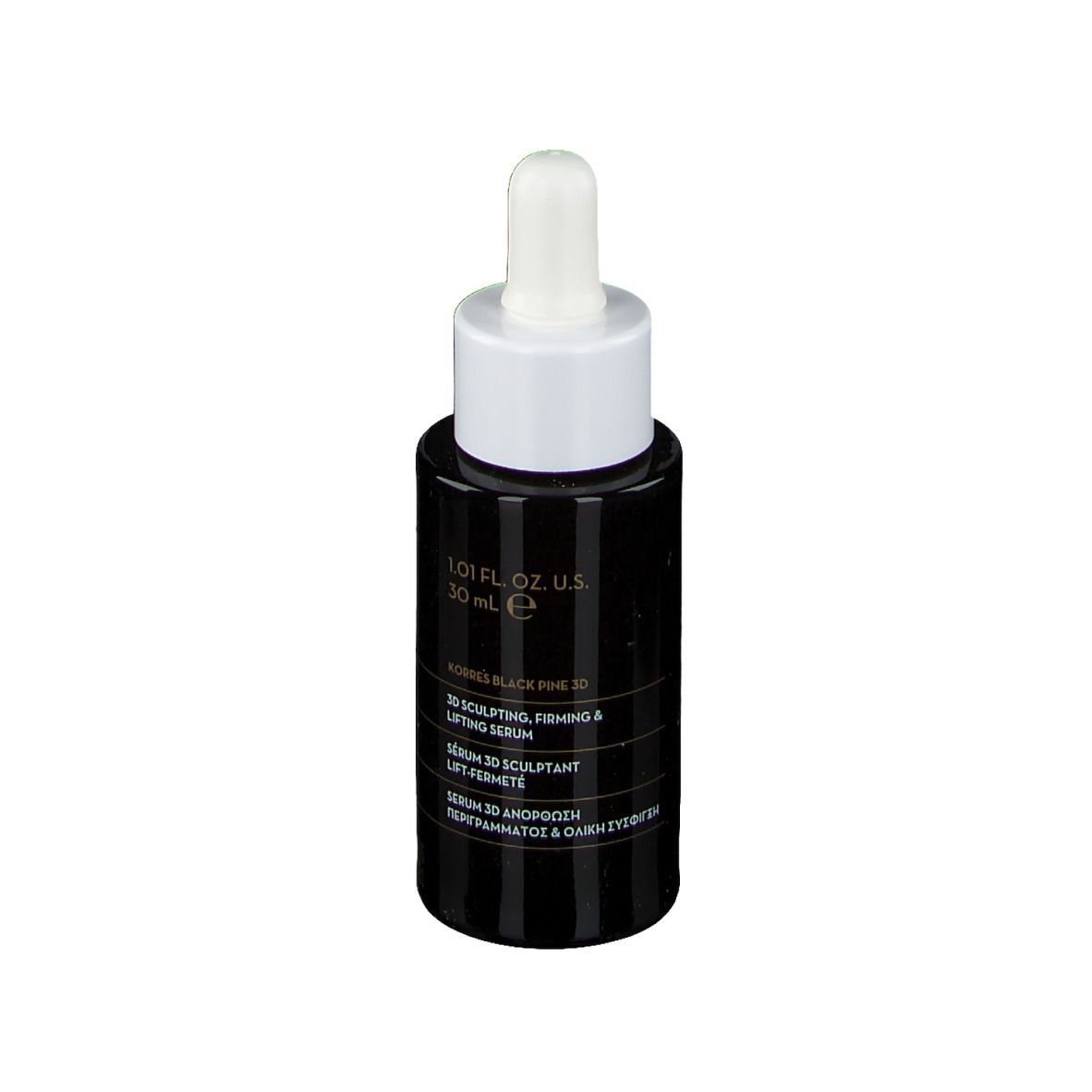 Flacone nero con tappo bianco e pipetta. Scritta: KORRES Black Pine 3D Siero.