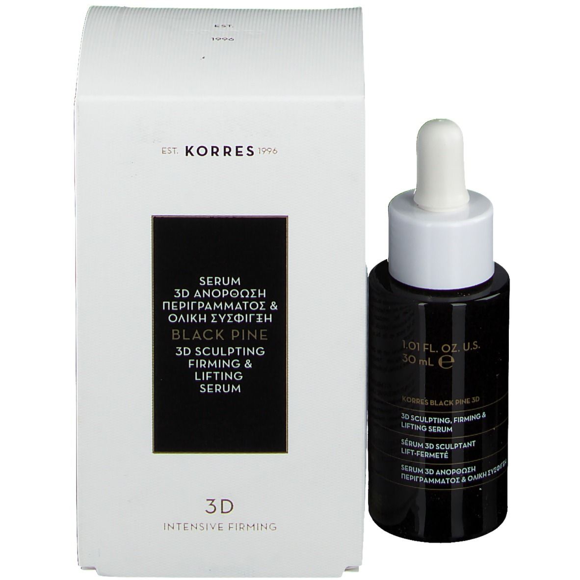 Siero KORRES Black Pine 3D e confezione. Scatola bianca con testo nero. Flacone accanto.