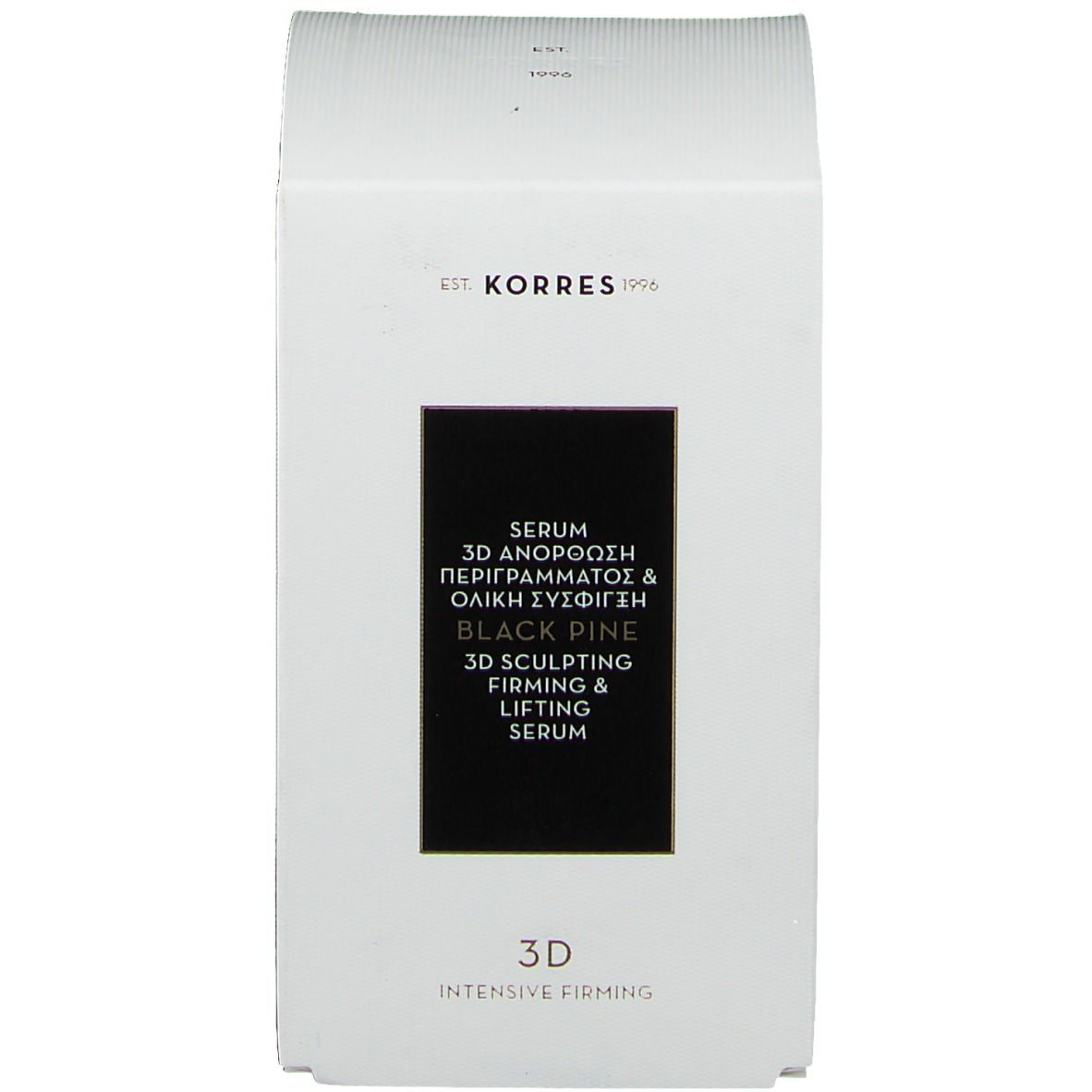 Scatola bianca con testo nero. Scritta: KORRES Black Pine 3D Siero.