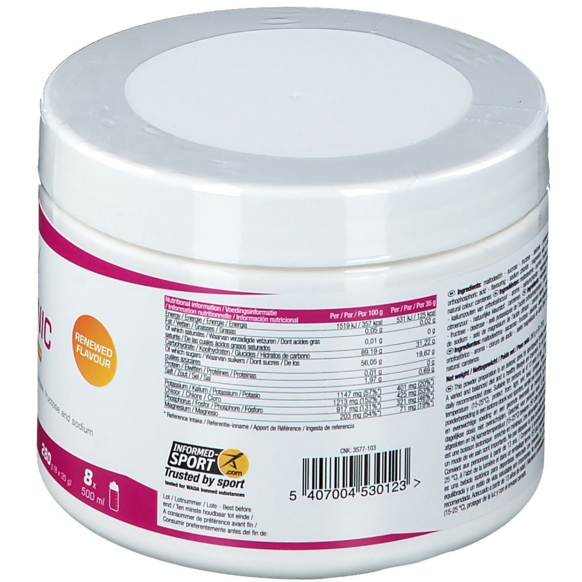 Retro del contenitore bianco. Contiene informazioni nutrizionali e ingredienti. Logo: Informed Sport. Testo multilingue.