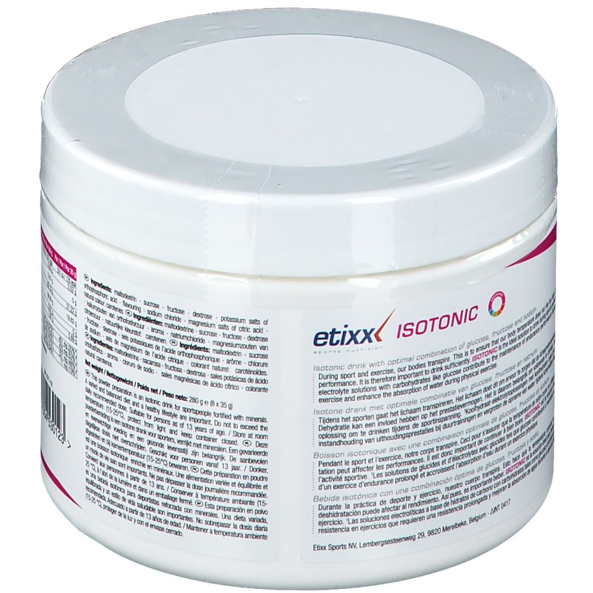 Retro del contenitore bianco. Testo multilingue. Contiene ingredienti e istruzioni per l'uso.