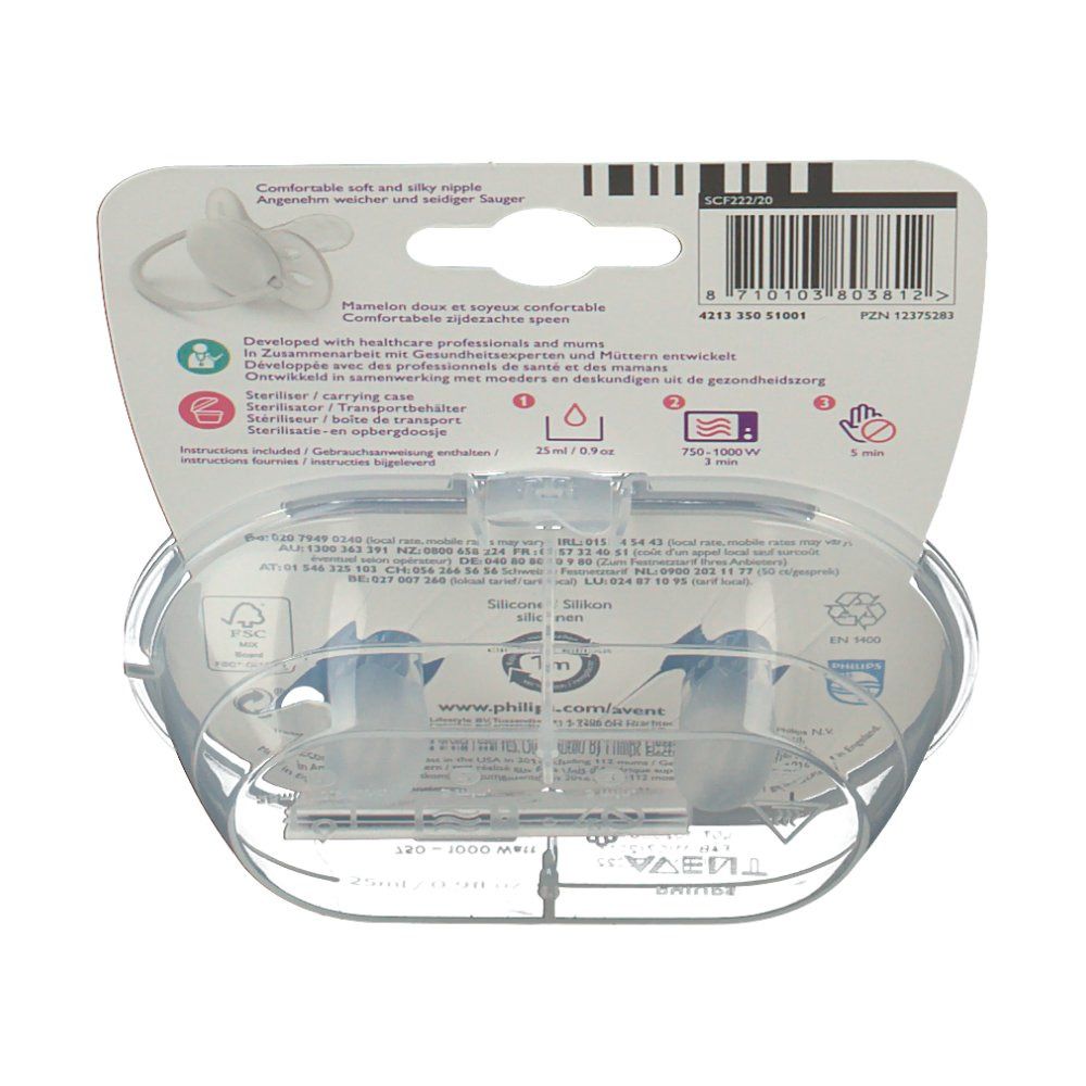 Retro della confezione con informazioni e loghi. Contiene due ciucci blu in un astuccio trasparente.