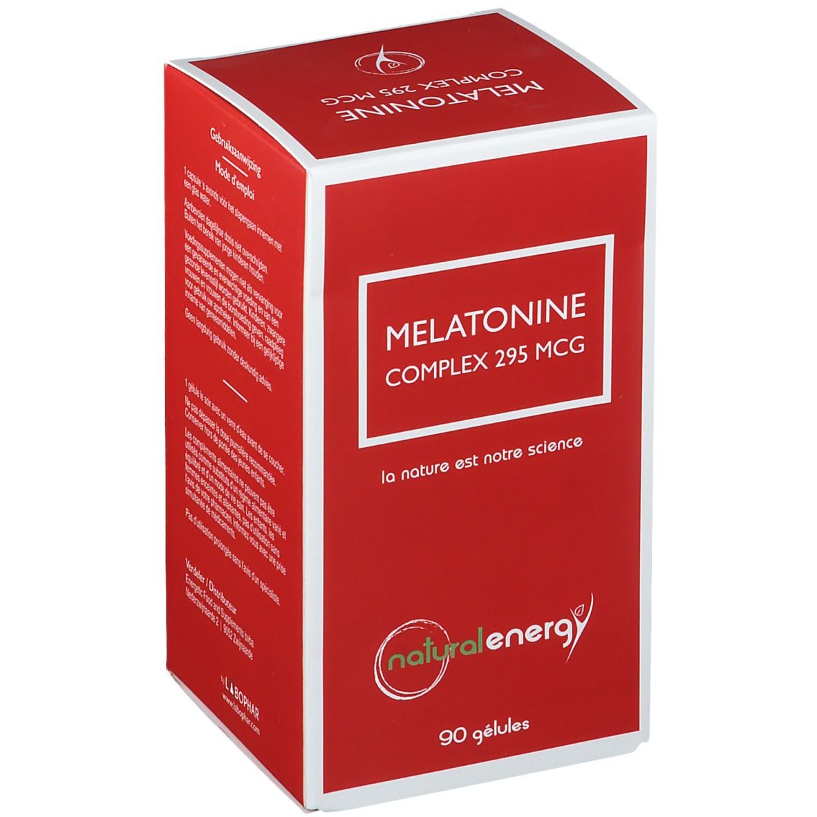 Scatola rossa con cornice bianca. Scritta: Melatonine Complex 295 MCG. Logo: natural energy. 90 capsule.