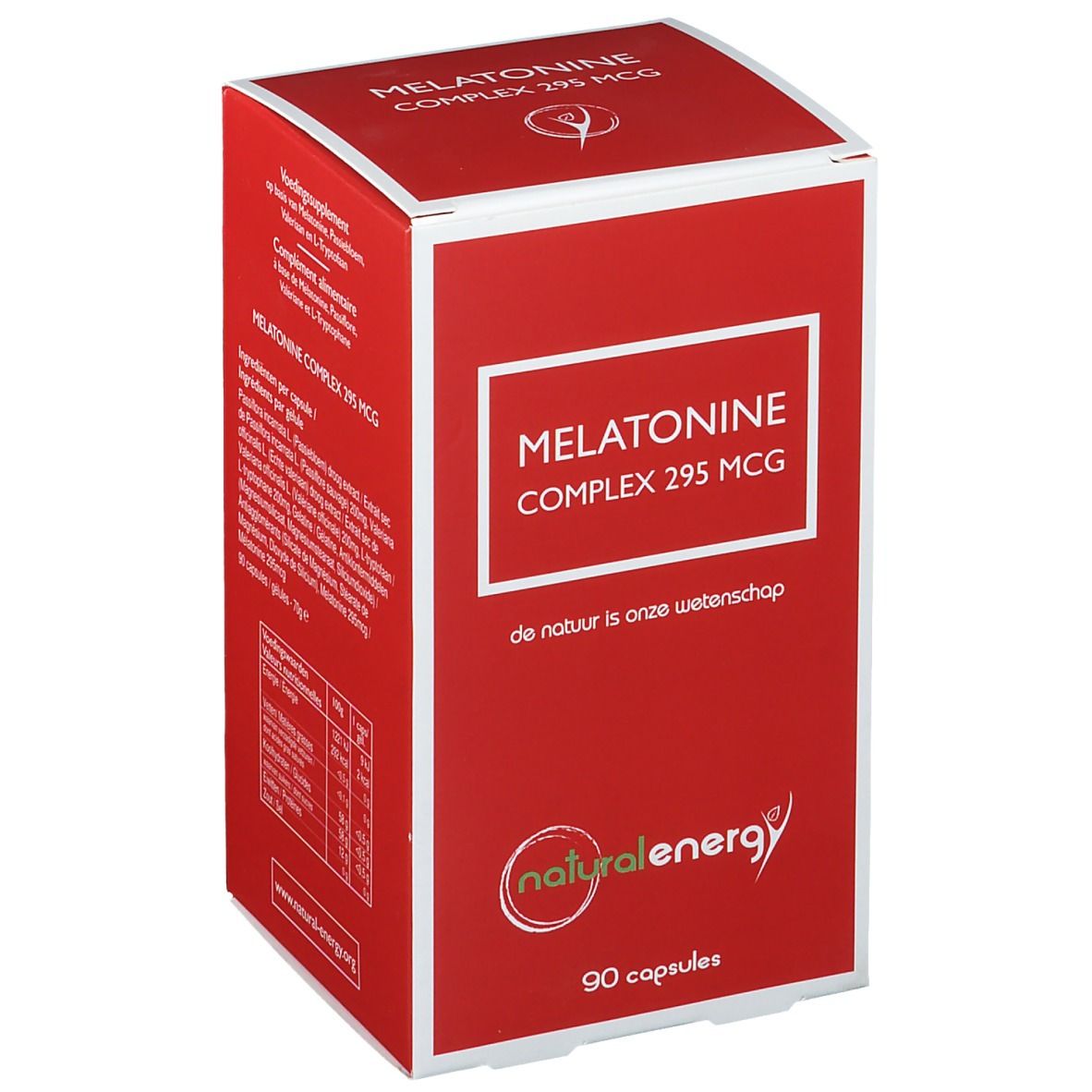 Scatola rossa con cornice bianca. Scritta: Melatonine Complex 295 MCG. Logo: natural energy. 90 capsule.