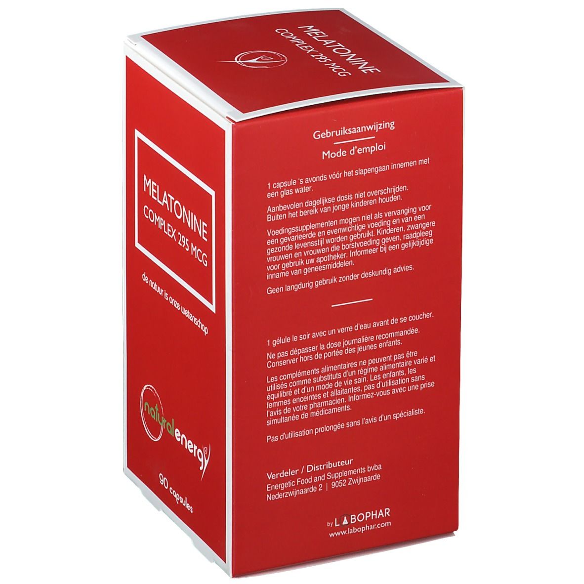 Scatola rossa con cornice bianca. Scritta: Melatonine Complex 295 MCG. Logo: natural energy. 90 capsule.