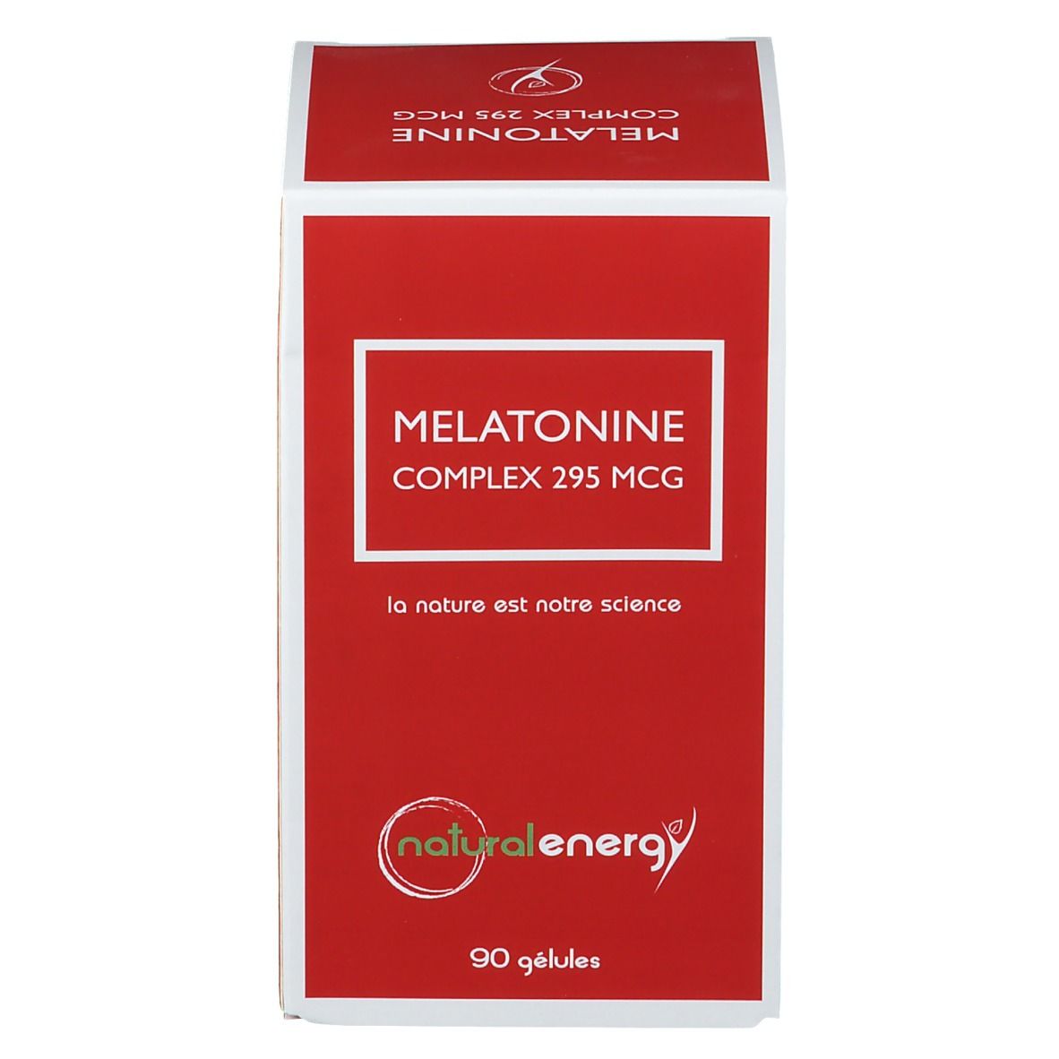 Scatola rossa con cornice bianca. Scritta: Melatonine Complex 295 MCG. Logo: natural energy. 90 capsule.