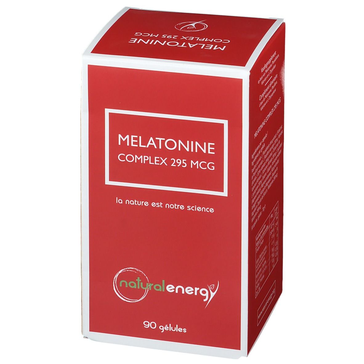 Scatola rossa con cornice bianca. Scritta: Melatonine Complex 295 MCG. Logo: natural energy. 90 capsule.
