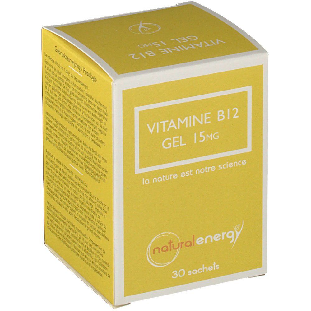 Confezione di gel gialla. Scritta: VITAMINE B12 GEL 15mg. Marchio: natural energy. 30 bustine.