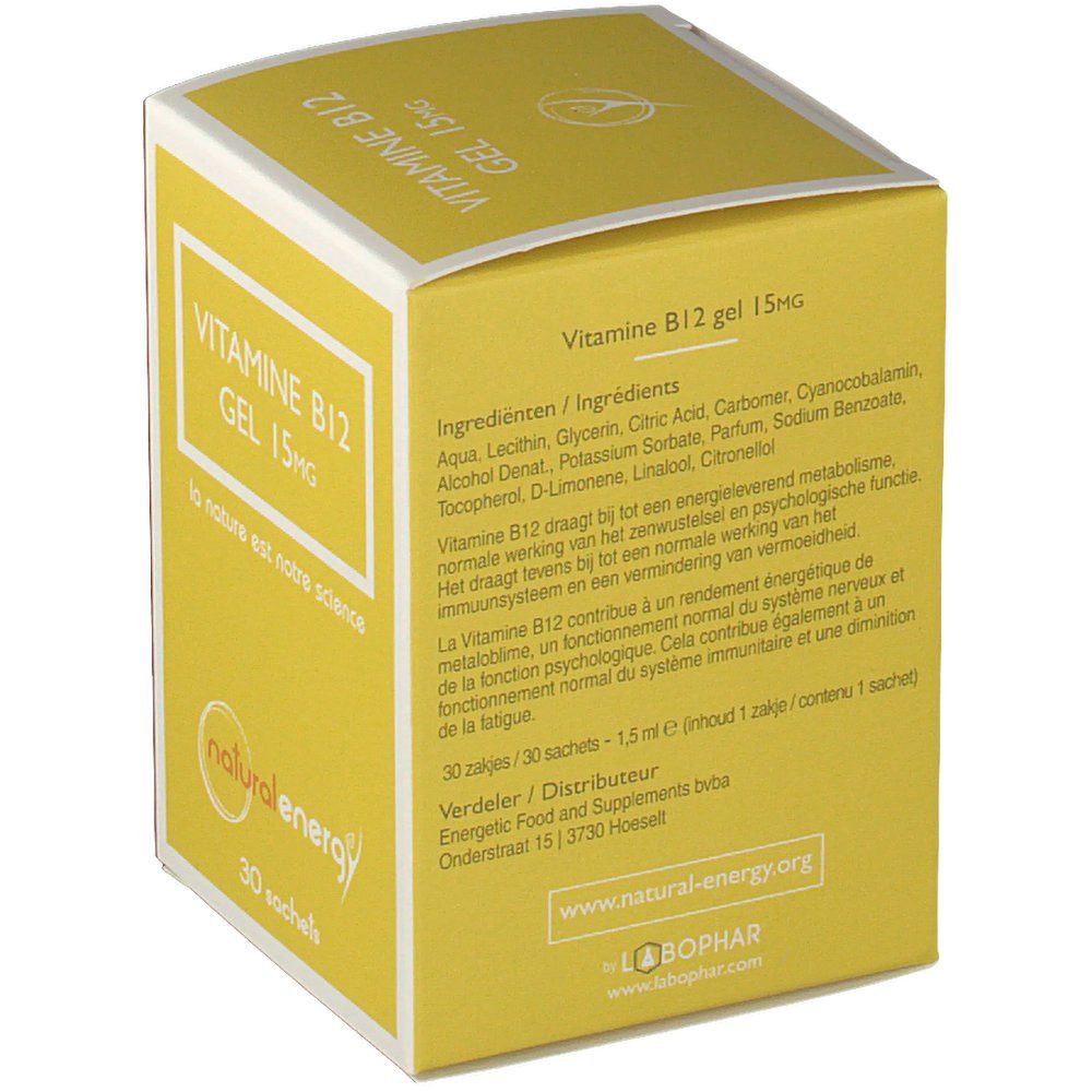 Confezione di gel gialla. Contiene informazioni sugli ingredienti e le istruzioni per l'uso. Marchio: natural energy.