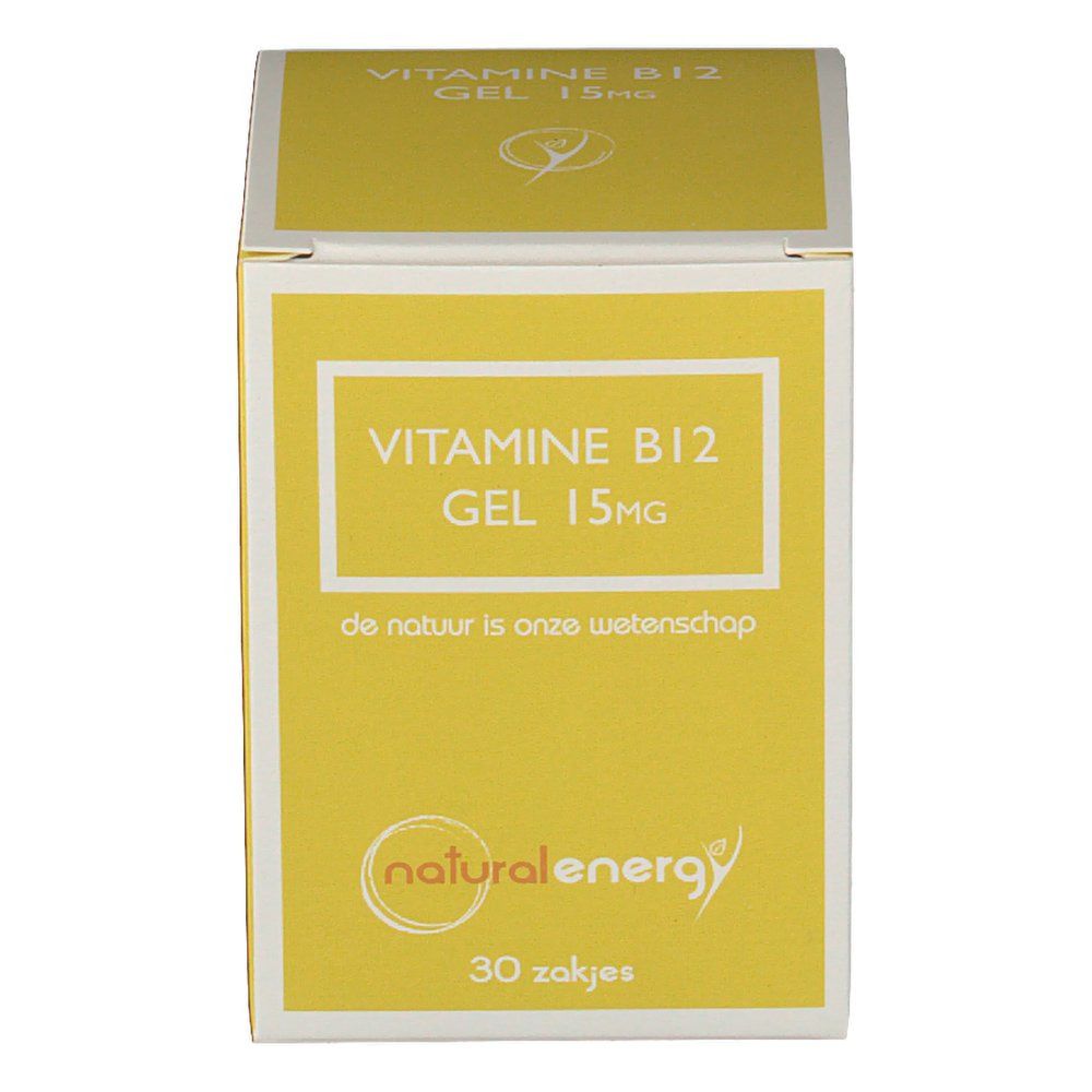 Confezione di gel gialla. Scritta: VITAMINE B12 GEL 15mg. Marchio: natural energy. 30 bustine.