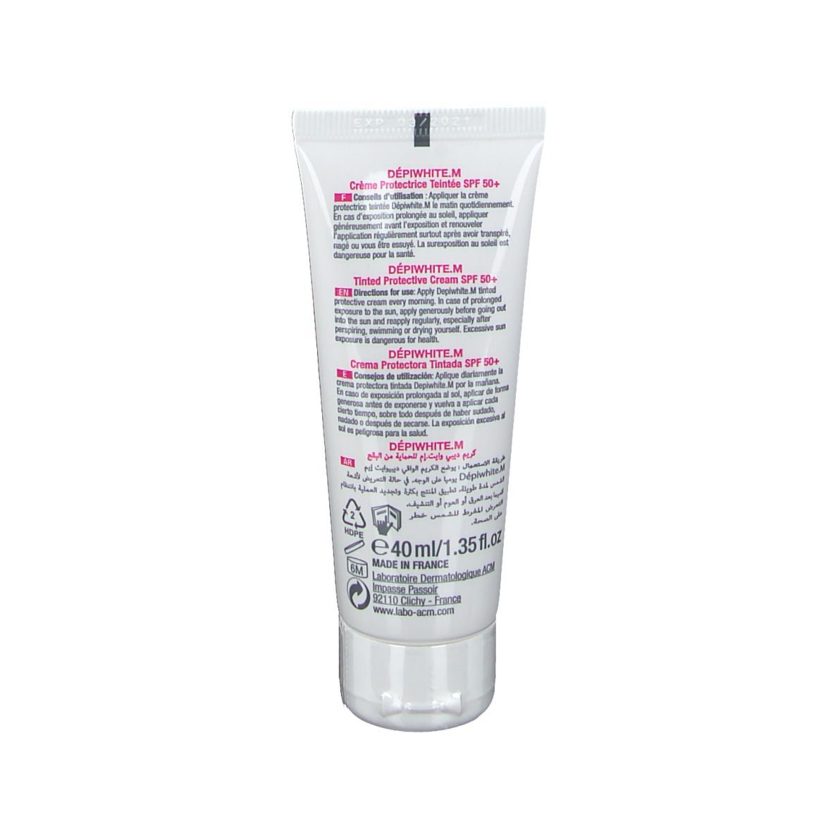 Retro del tubetto di crema. Testo in più lingue, tra cui francese, inglese, olandese e arabo. 40ml.