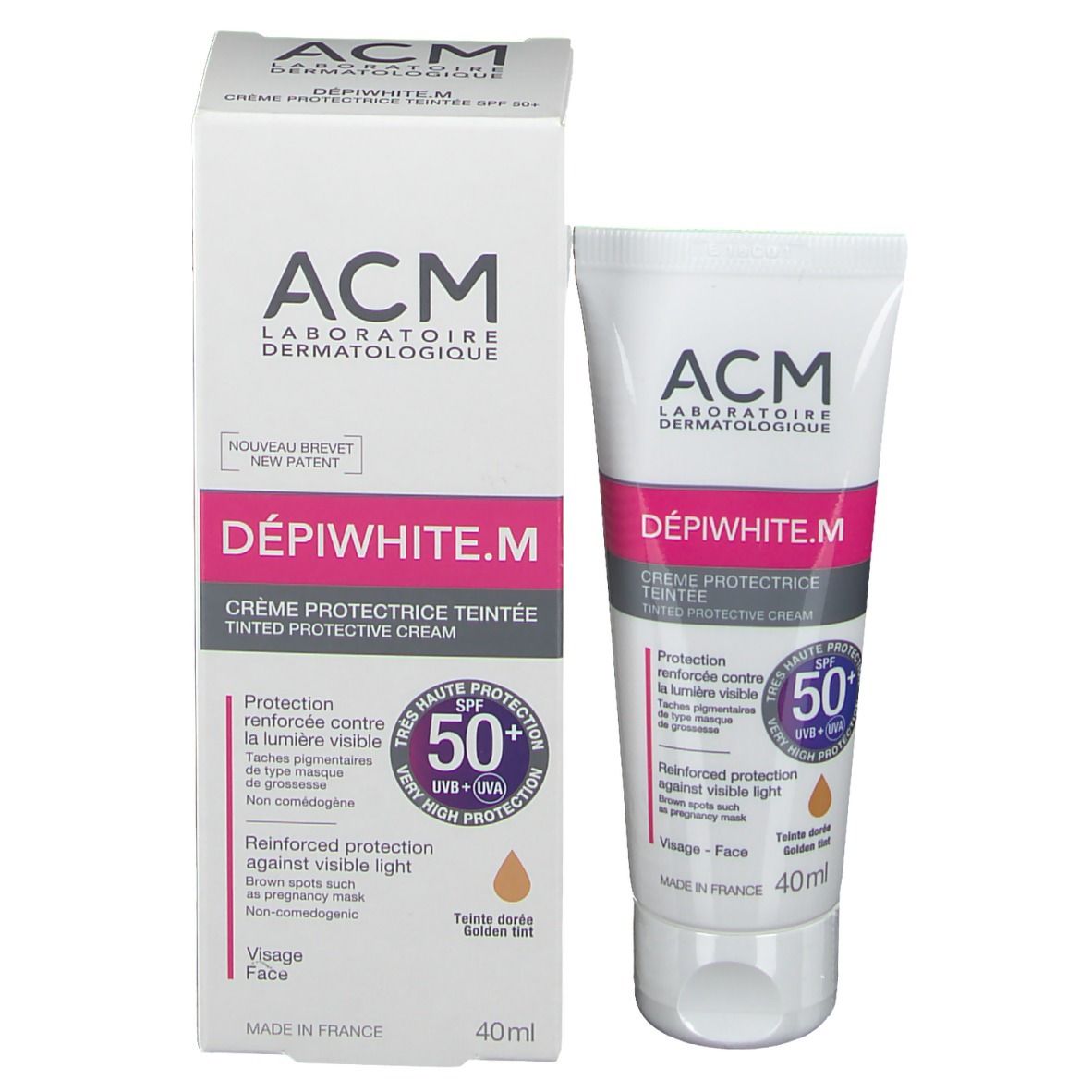 Confezione del prodotto con tubetto di crema. ACM Dépiwhite.M, crema protettiva colorata, SPF 50+. 40ml. Scatola e tubo.