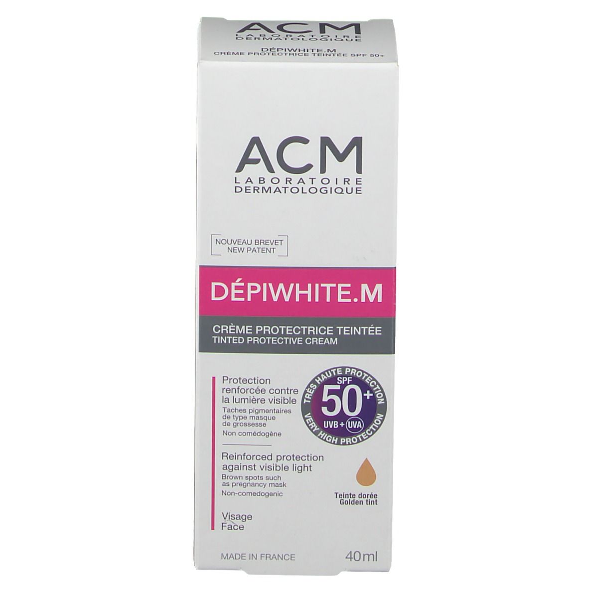 Confezione del prodotto. ACM Dépiwhite.M, crema protettiva colorata, SPF 50+. Scatola con testo in francese. 40ml.