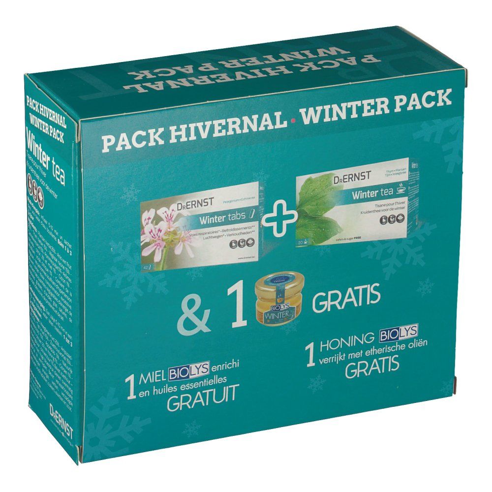 Dr. Ernst Winter Pack con compresse, tè e miele con oli essenziali. Testo: Winter Pack e Gratis.
