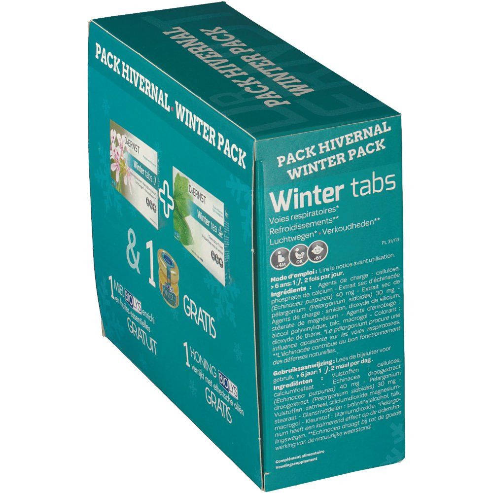 Dr. Ernst Winter Pack con compresse, tè e miele con oli essenziali. Testo: Winter Pack e Gratis.
