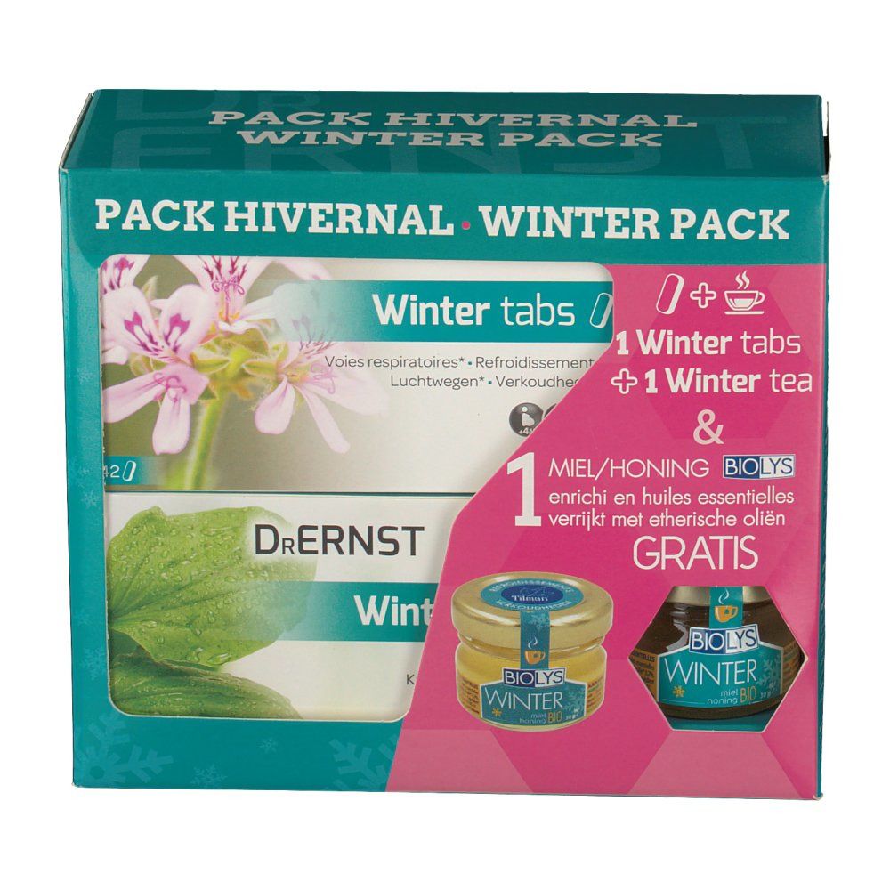 Dr. Ernst Winter Pack con compresse, tè e miele con oli essenziali. Testo: Winter Pack e Gratis.