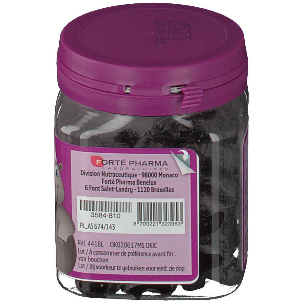 Barattolo di vetro con caramelle gommose nere. Coperchio viola. Etichetta con indirizzo e testo: Forté Pharma, 3564-810, PL_AS 674/143.