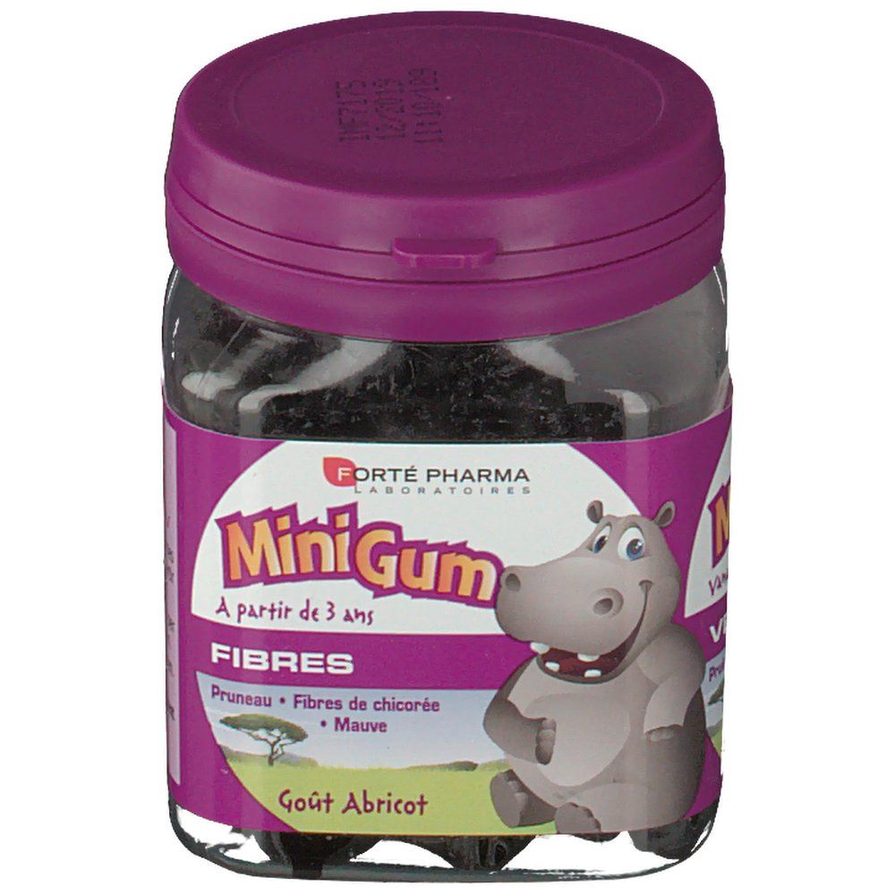 Barattolo di vetro con caramelle gommose nere. Coperchio viola. Etichetta con testo: MiniGum, Fibres, Gusto Albicocca, dai 3 anni. Illustrazione di un ippopotamo.