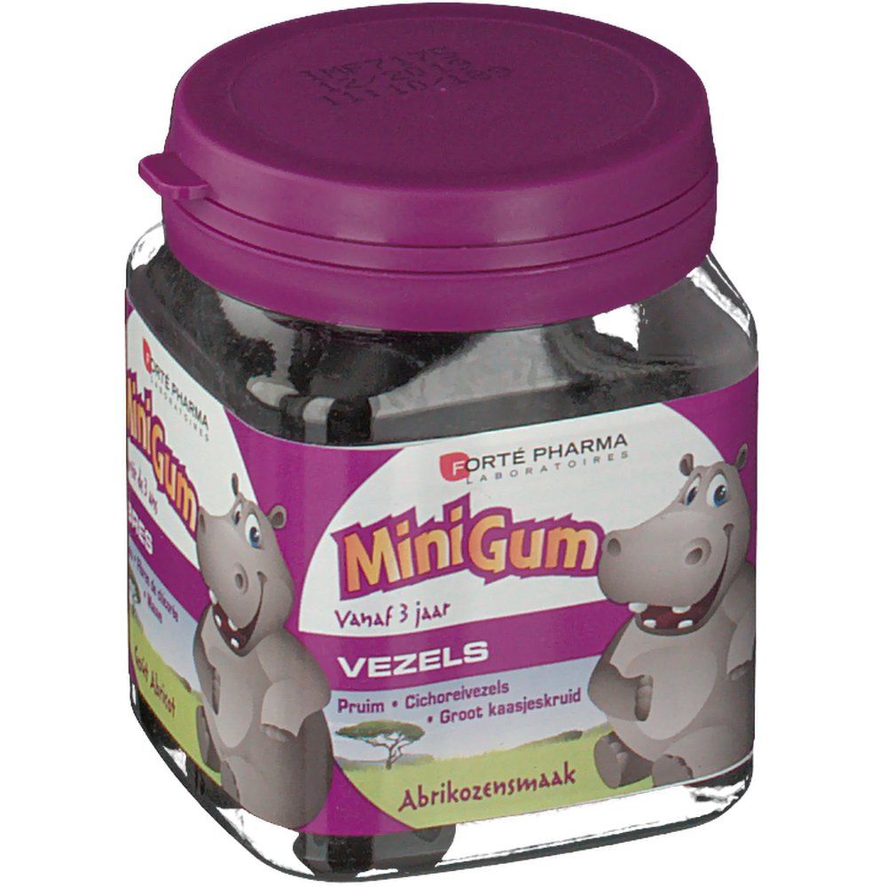 Barattolo di vetro con caramelle gommose nere. Coperchio viola. Etichetta con testo: MiniGum, Vezels, Gusto Albicocca, dai 3 anni. Due illustrazioni di ippopotami.