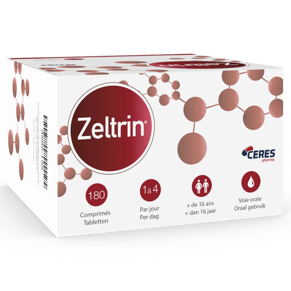 Confezione Zeltrin. Scatola bianca con cerchio rosso e scritta Zeltrin. Contiene 180 compresse. Informazioni su dosaggio ed età.