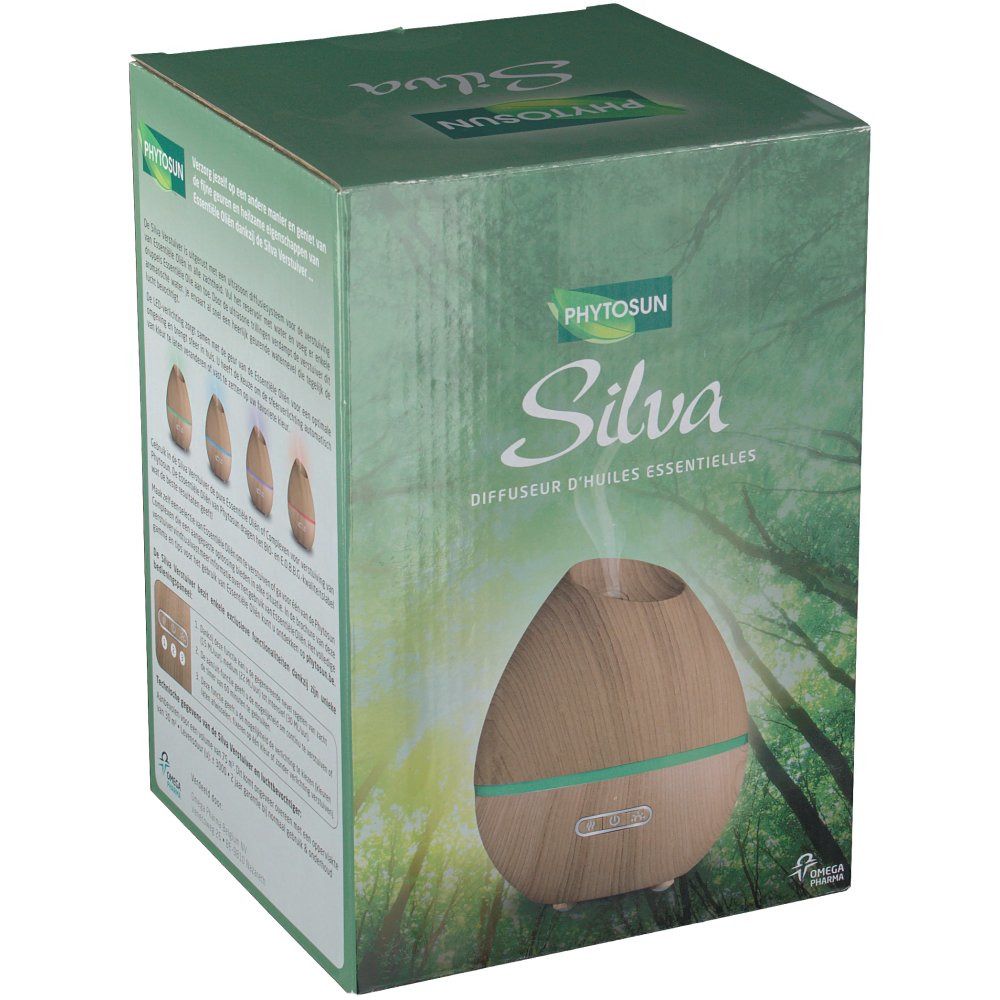 Confezione del prodotto Silva. Scritta: Phytosun, Silva, diffusore di oli essenziali. Diffusore effetto legno con fascia verde.