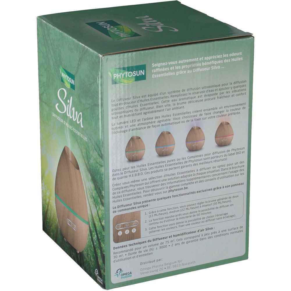 Retro della confezione del prodotto Silva. Testo e illustrazioni del prodotto e delle sue funzioni. Marchio Phytosun.