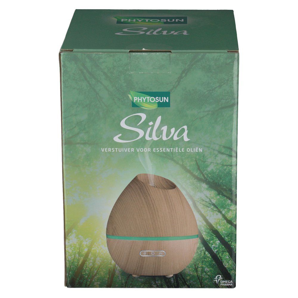 Confezione del prodotto Silva. Scritta: Phytosun, Silva, diffusore di oli essenziali. Diffusore effetto legno con fascia verde.