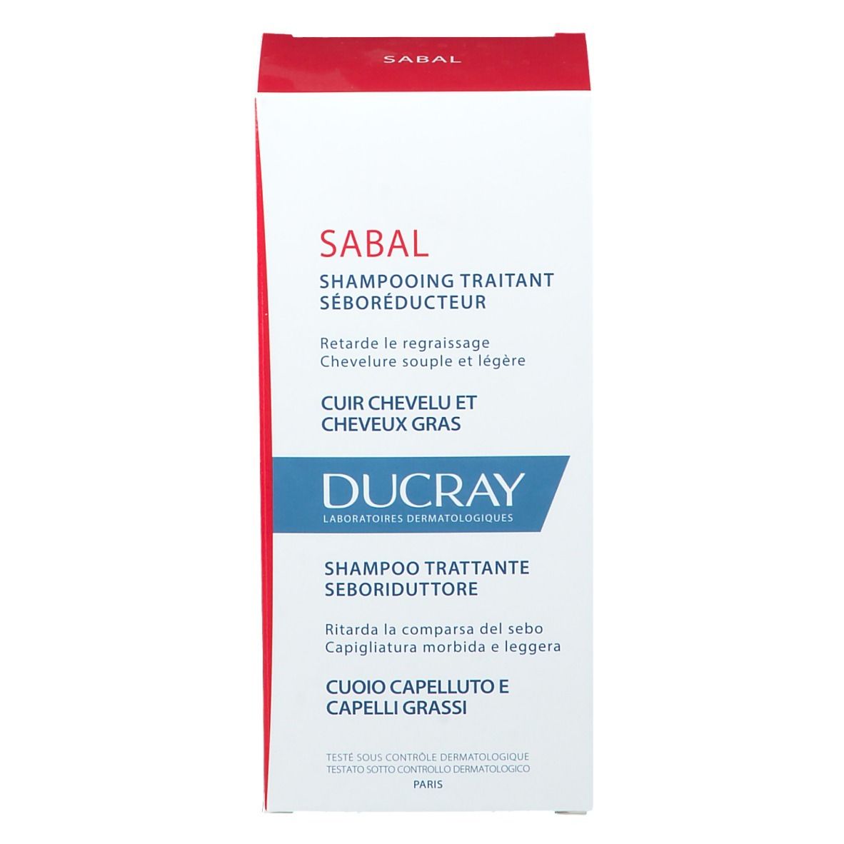 Confezione del prodotto. Scatola bianca con coperchio rosso. Testo: Shampoo Sabal. Logo Ducray.