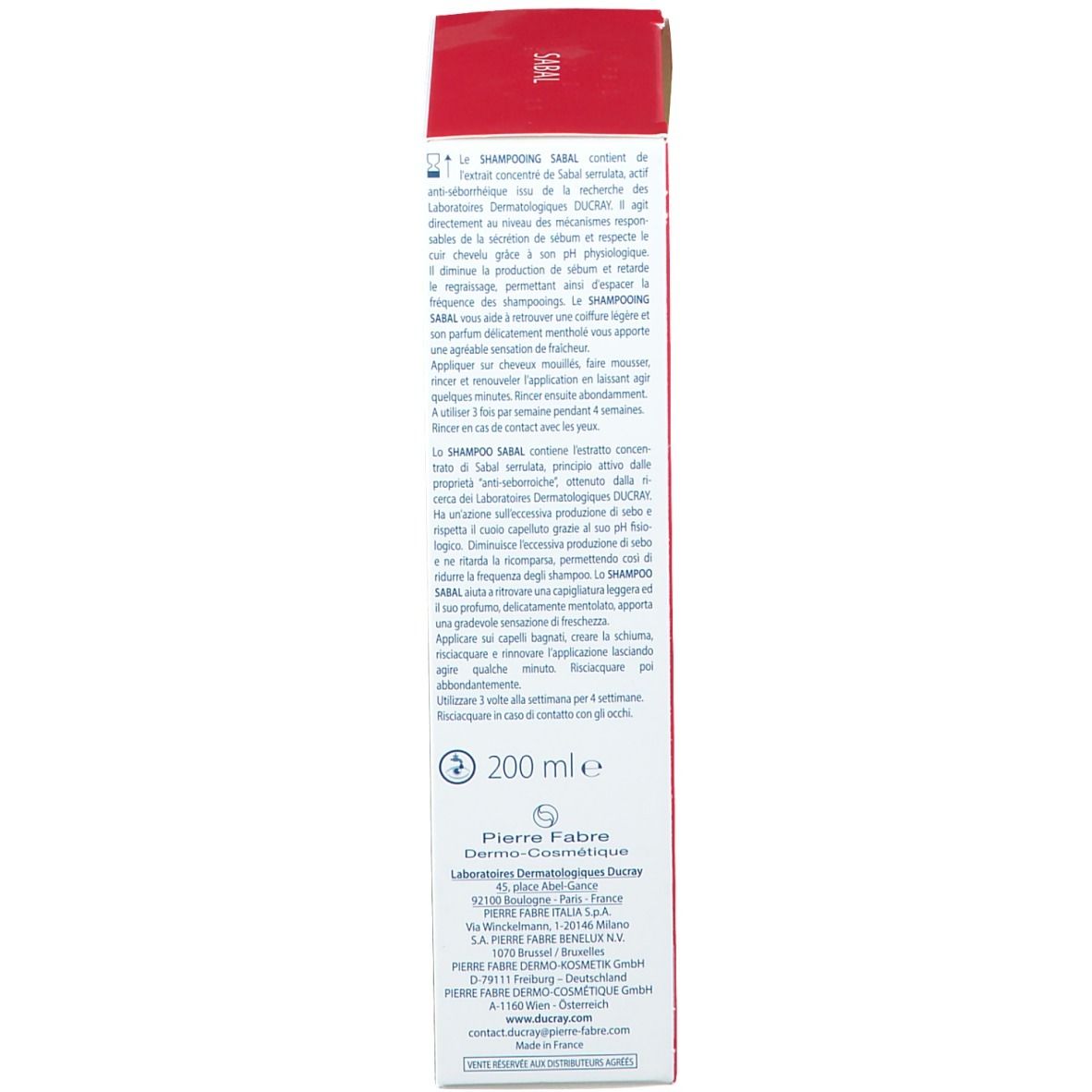 Vista laterale della confezione del prodotto. Testo: Shampoo Sabal. 200 ml. Logo Pierre Fabre.