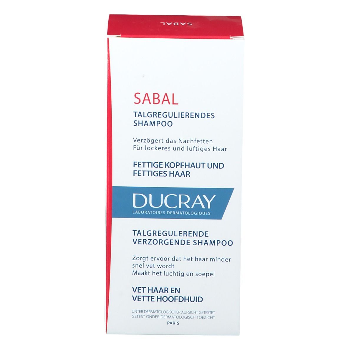 Vista laterale della confezione del prodotto. Testo: Shampoo Sabal. Logo Ducray. Ingredienti.