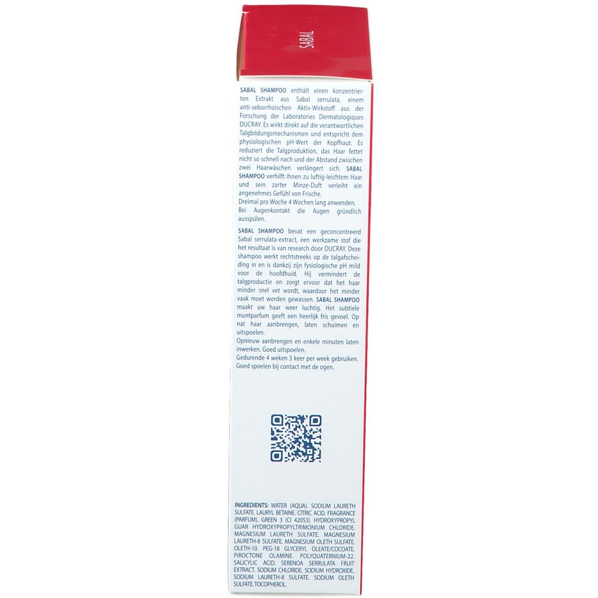 Confezione del prodotto. Testo: Shampoo Sabal. Logo Ducray. Ingredienti e codice QR.