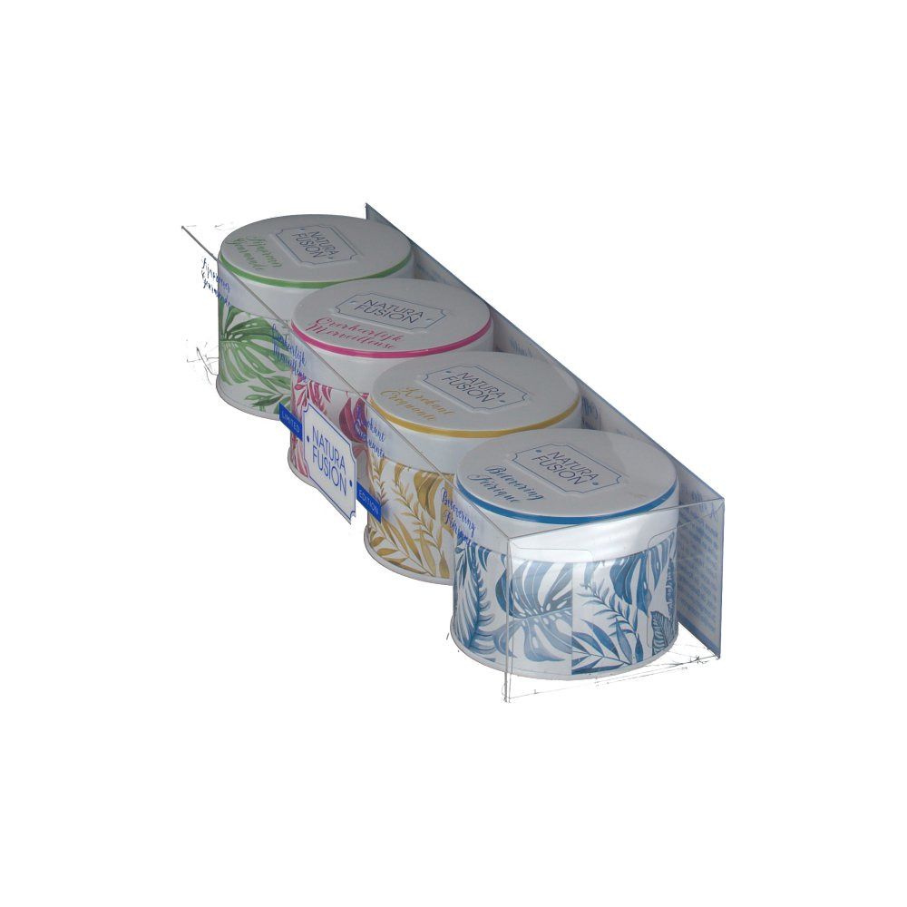 Vista obliqua di quattro barattoli rotondi in un espositore trasparente. Scritta "Natura Fusion". Diversi design.