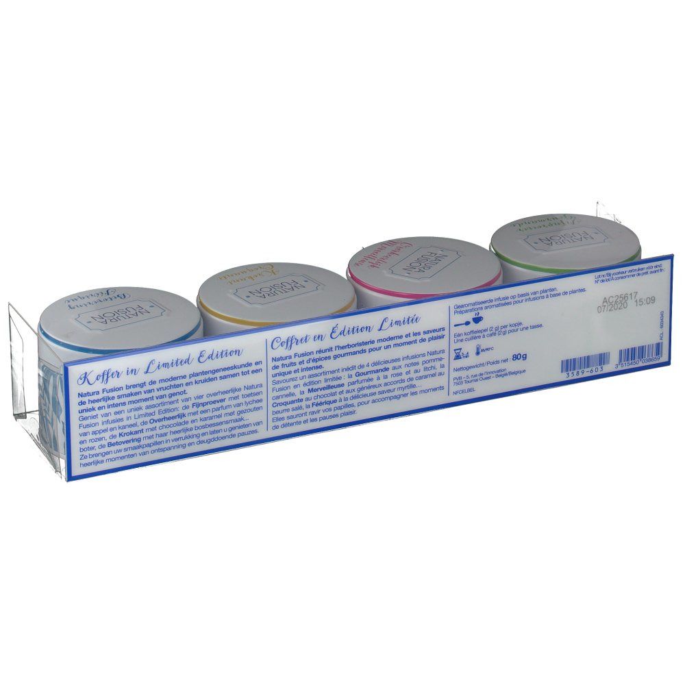 Vista posteriore di quattro barattoli rotondi in un espositore. Testo sul retro: "Cofanetto in edizione limitata".