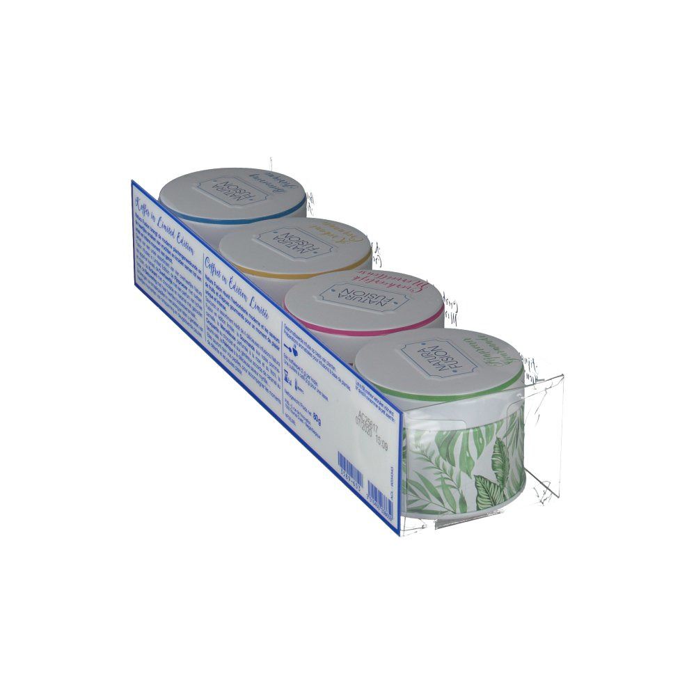 Vista obliqua di quattro barattoli rotondi in un espositore. Testo sul retro: "Cofanetto in edizione limitata".