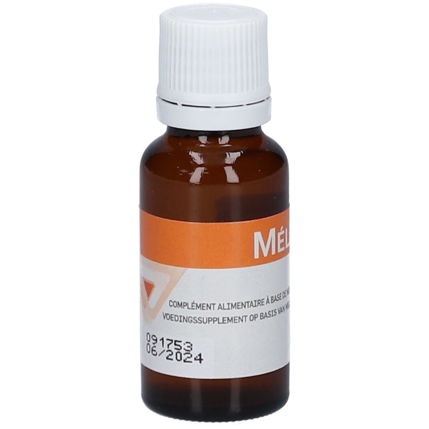 Flacone di vetro marrone con tappo bianco. Etichetta con informazioni sul prodotto e data di scadenza. Striscia arancione.