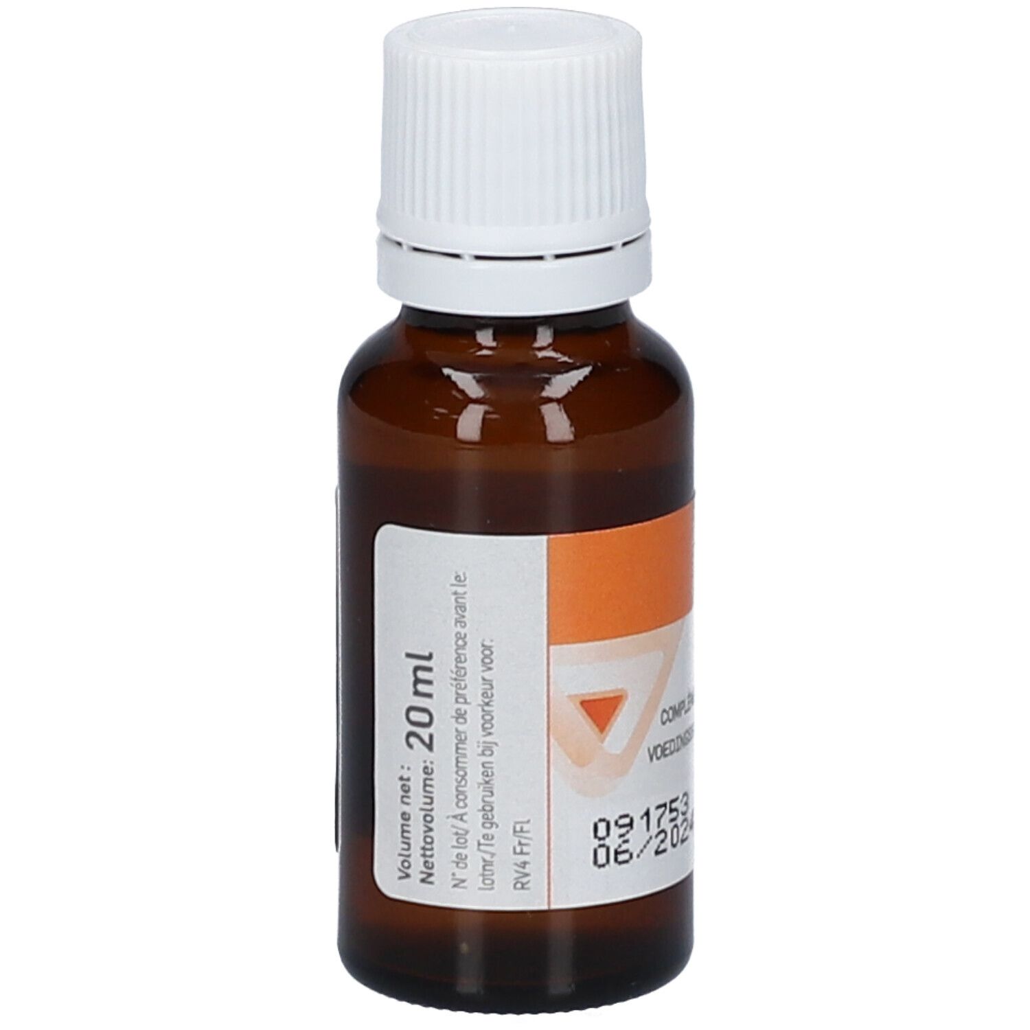 Flacone di vetro marrone con tappo bianco. Etichetta con indicazione del volume e informazioni sul prodotto. Striscia arancione.