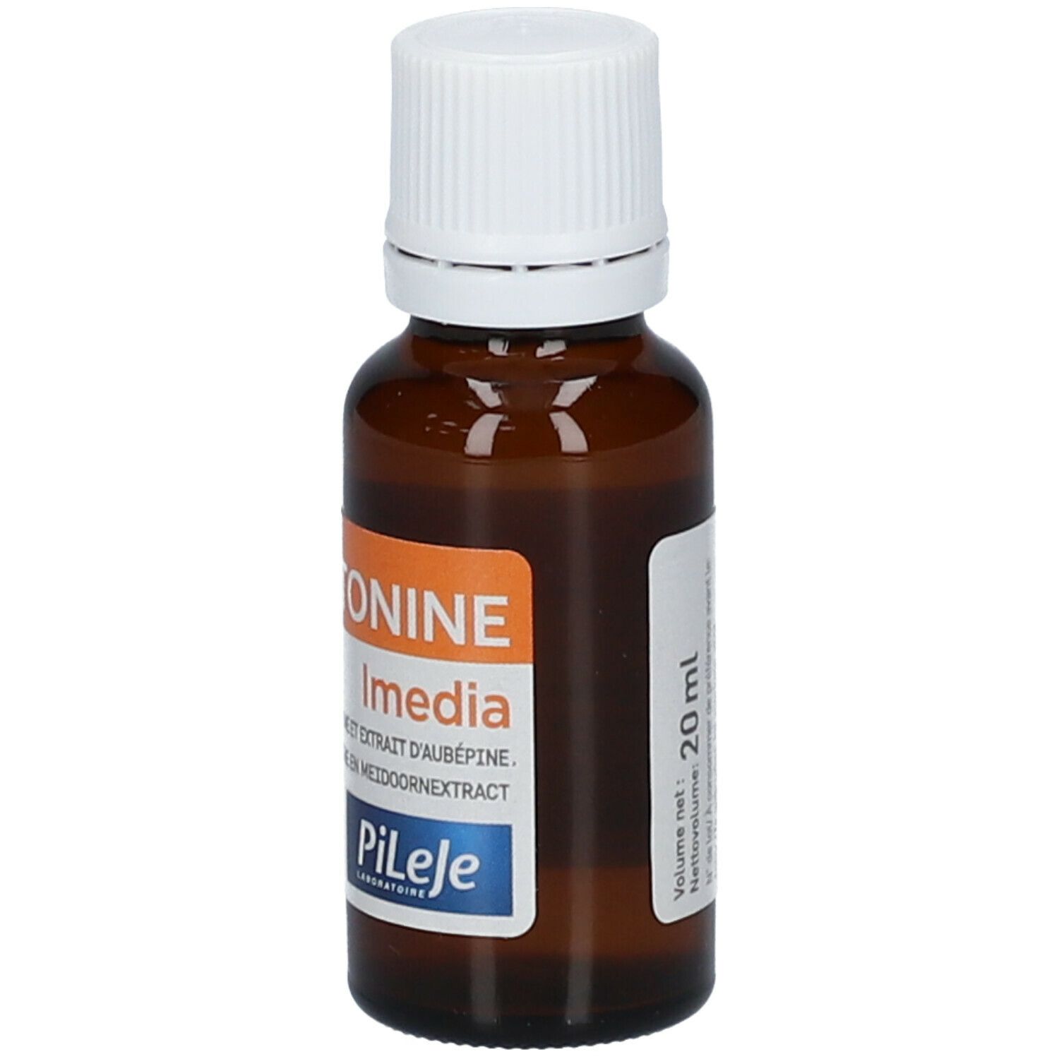 Flacone di vetro marrone con tappo bianco. Etichetta con nome del prodotto, marchio e ingredienti. Striscia arancione.