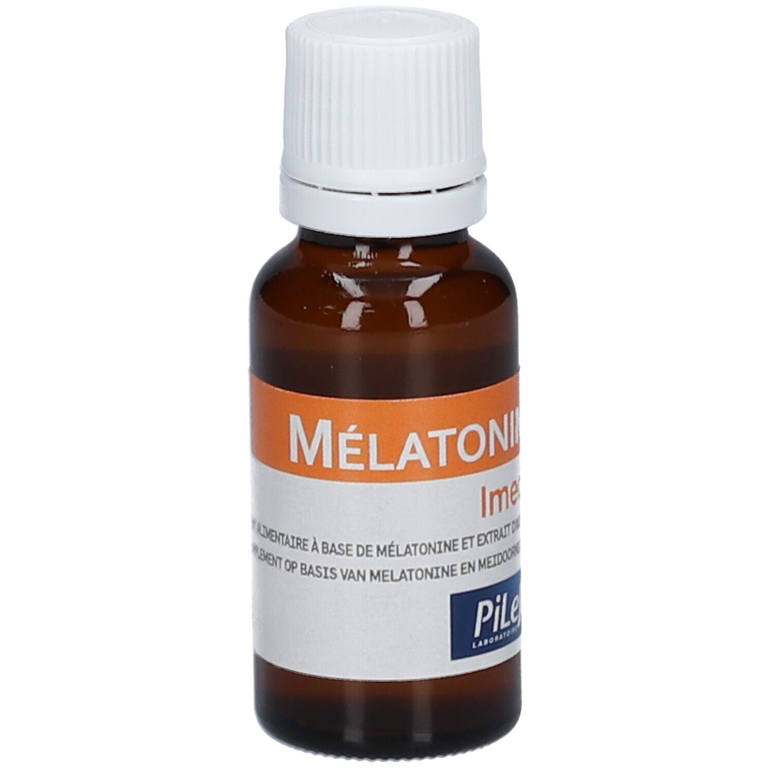 Flacone di vetro marrone con tappo bianco. Etichetta con nome del prodotto, marchio e ingredienti. Striscia arancione.