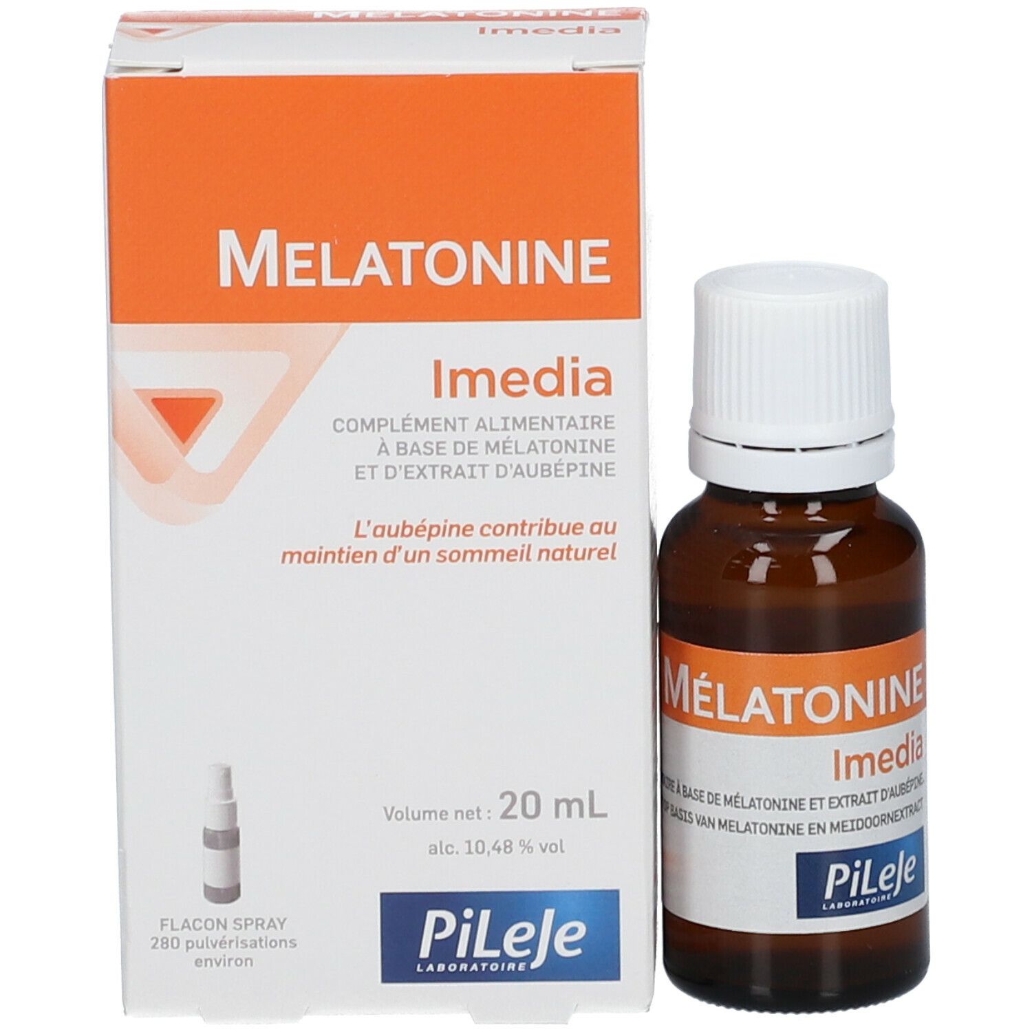 Flacone e confezione del prodotto. Flacone marrone con tappo bianco. Scatola con nome del prodotto e marchio. Flacone spray.