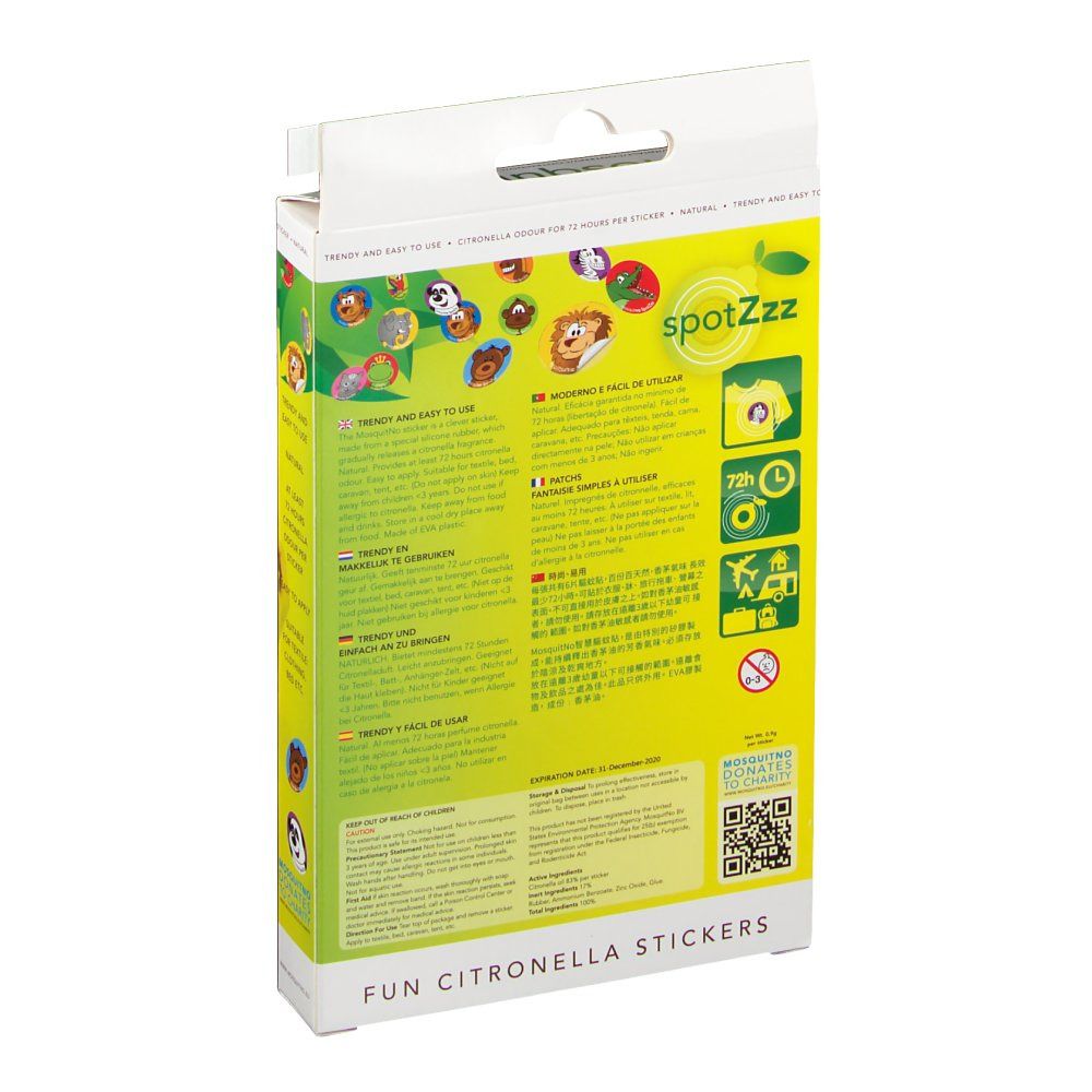 Retro della confezione degli adesivi. Sfondo giallo, testo, illustrazioni. Logo "spotZzz". Informazioni sugli adesivi, codice QR.