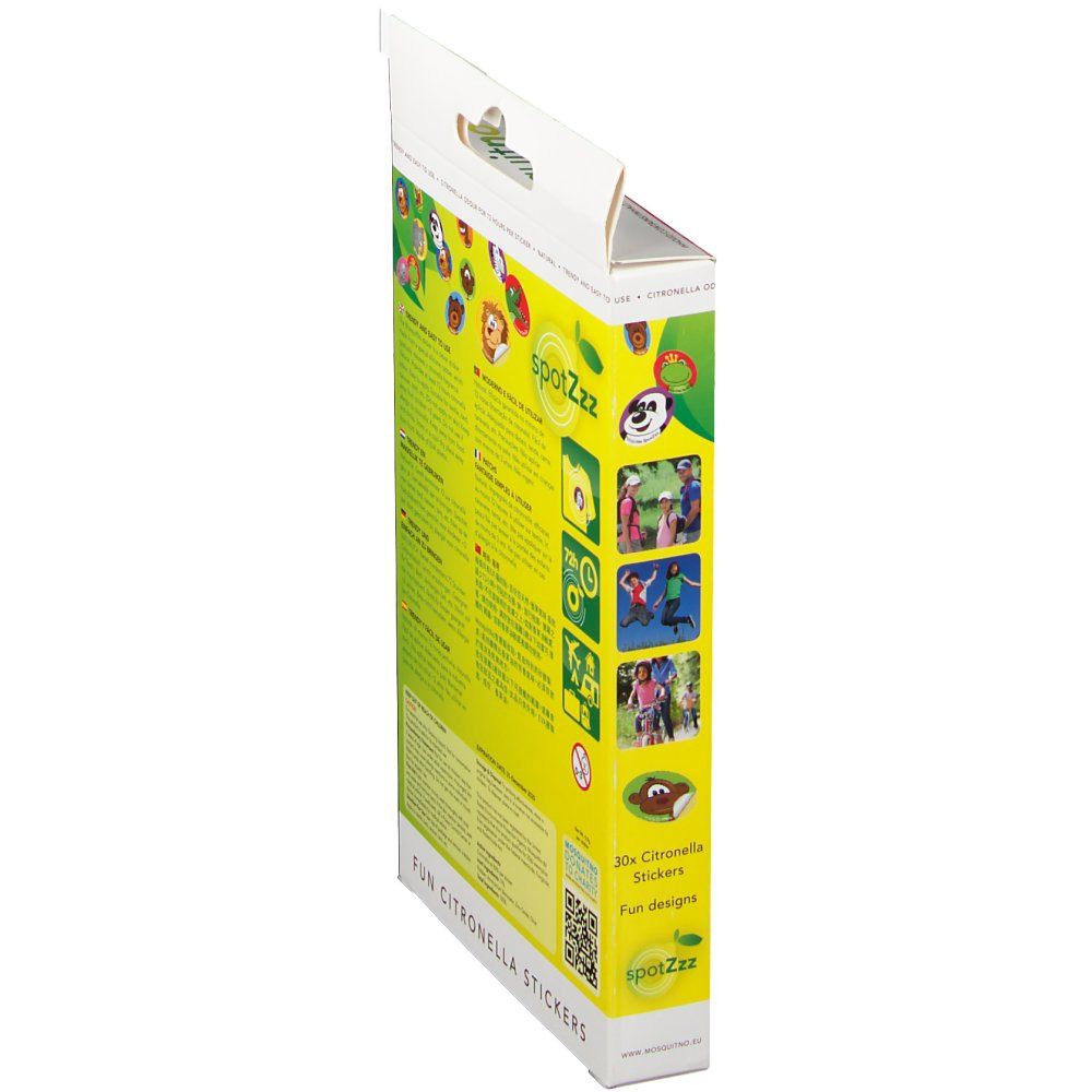 Vista laterale della confezione degli adesivi. Sfondo giallo, testo, illustrazioni. Logo "spotZzz". Confezione adesivi con gancio.