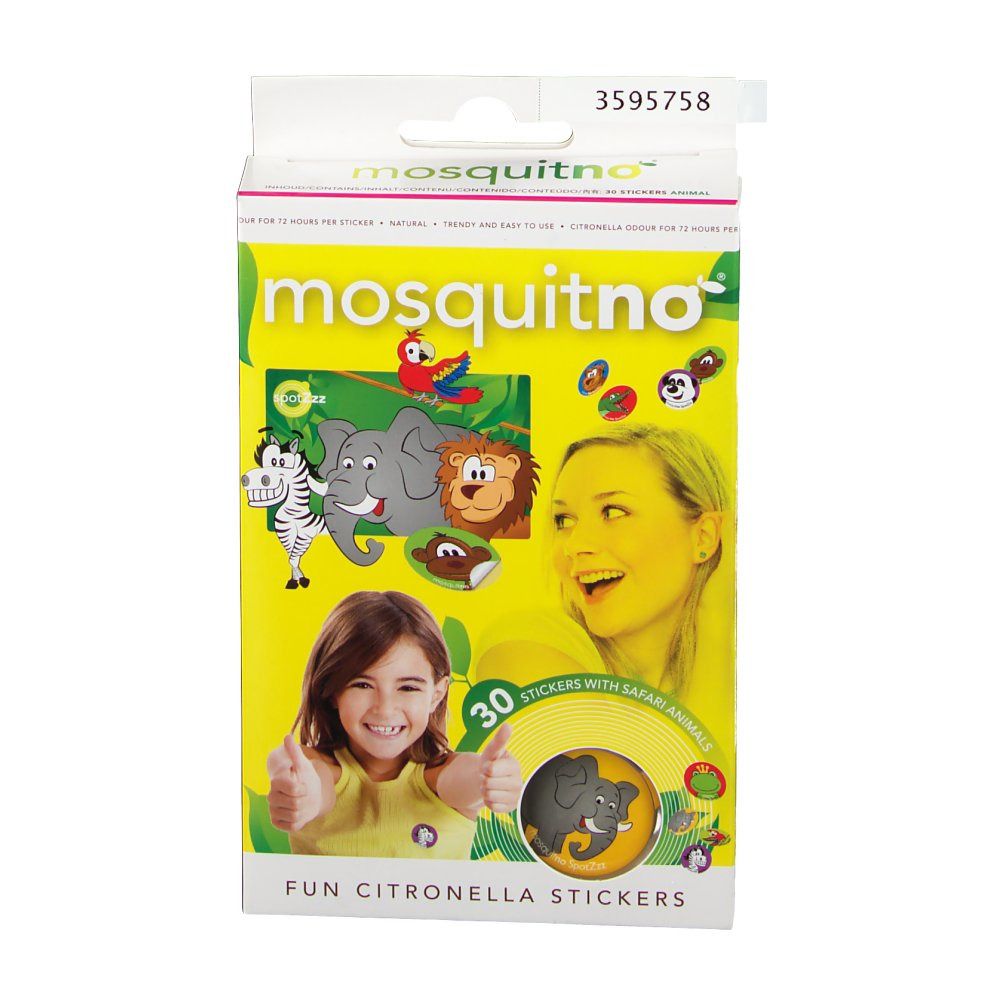 Confezione di adesivi. Su sfondo giallo: logo "mosquitno", illustrazioni di animali, 30 adesivi animali safari. Due persone sorridono.