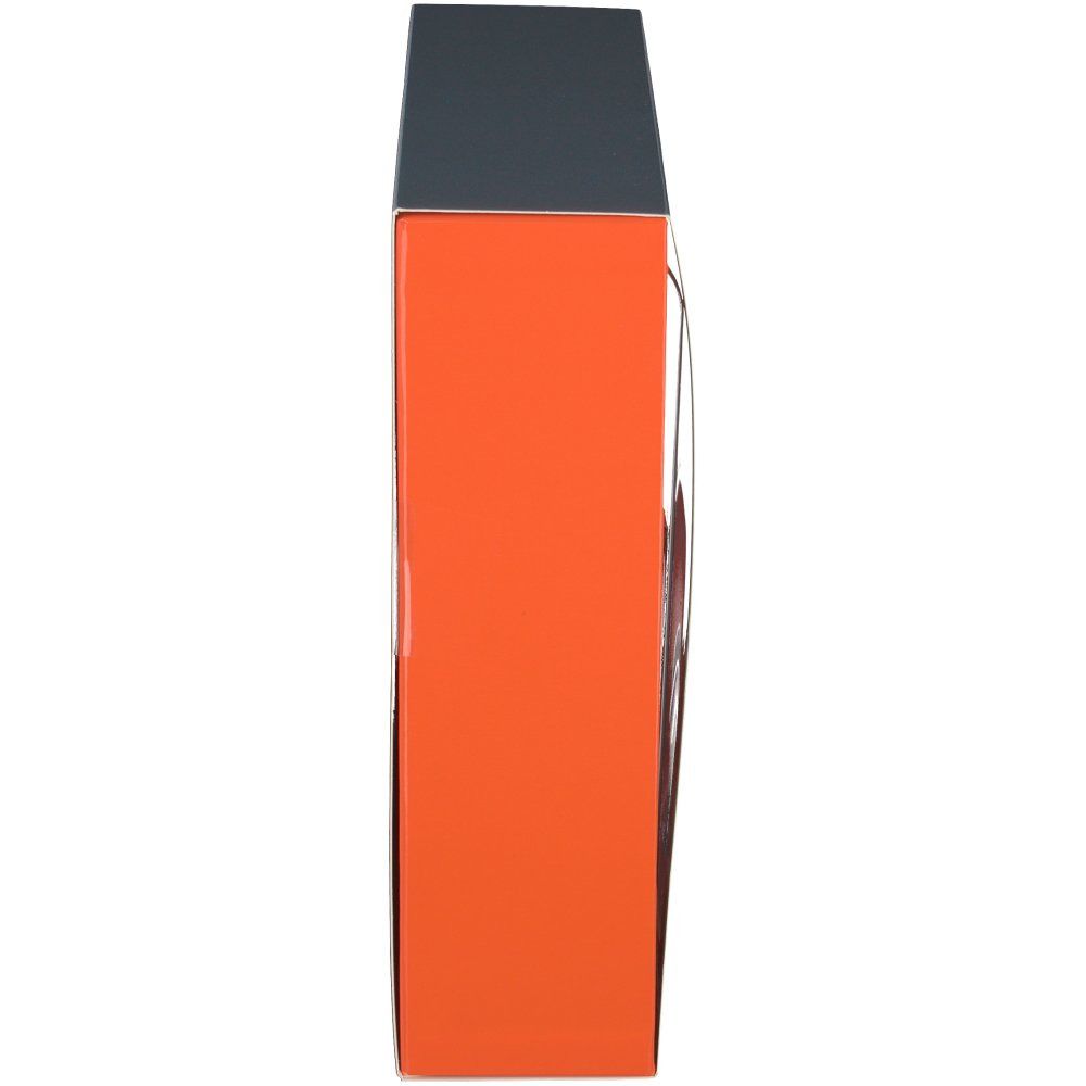 Vista laterale della confezione regalo. Lato arancione con coperchio grigio. Bordo in plastica trasparente.