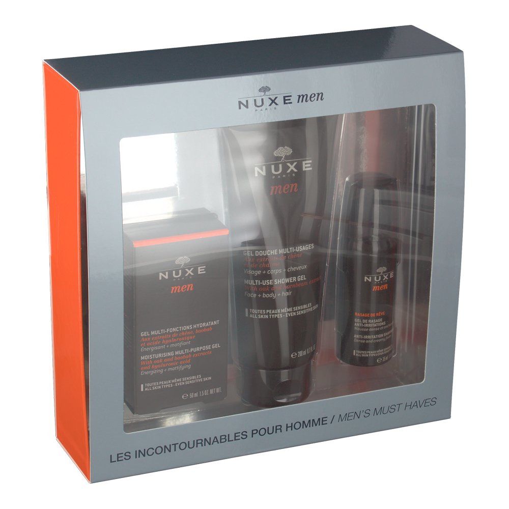 Set regalo Nuxe Men con tre prodotti: gel idratante, gel doccia multiuso e deodorante. Confezione grigia con finestra.