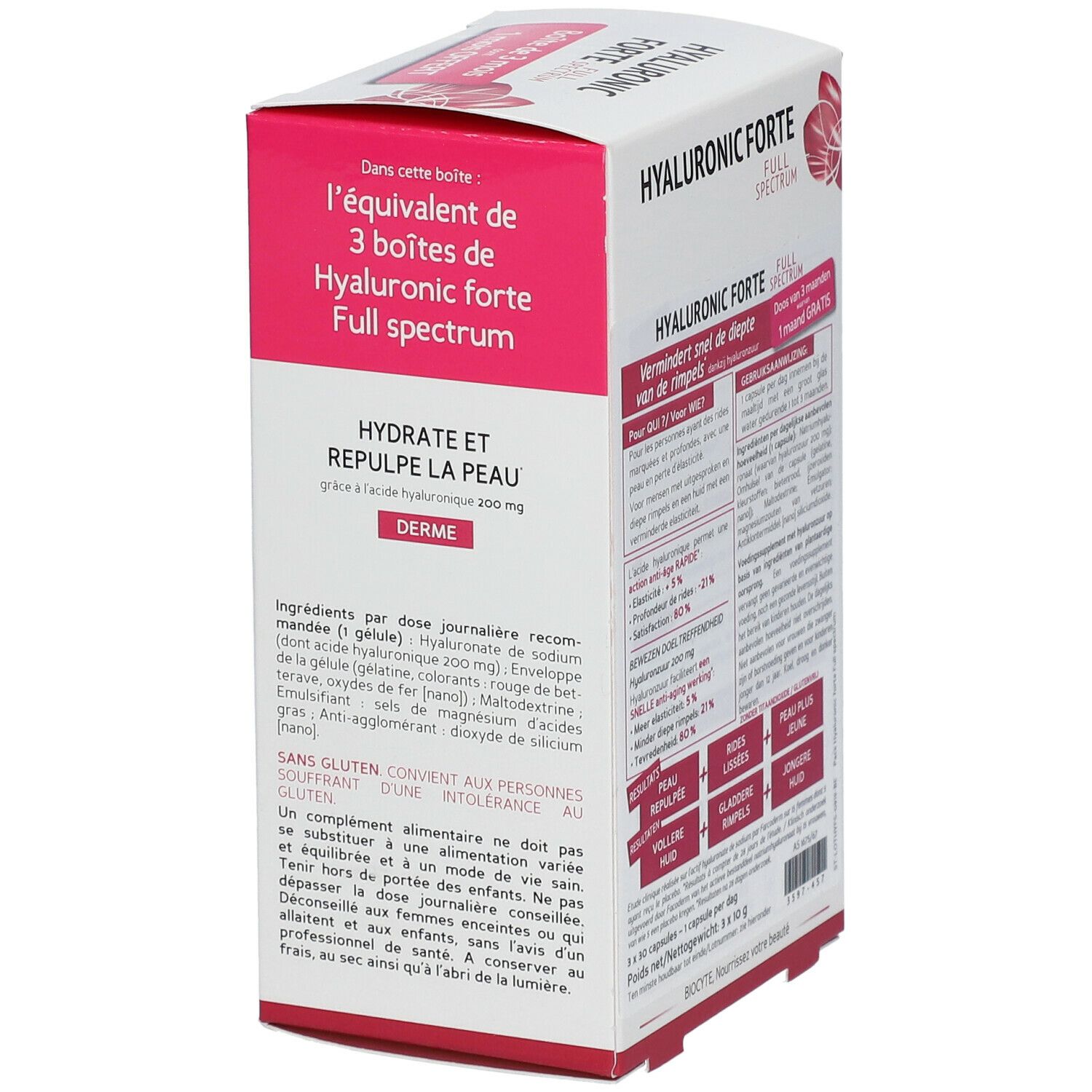 Confezione di integratori alimentari. Scatola rosa e bianca con testo: Hyaluronic Forte, Full Spectrum. Contiene 3 scatole.