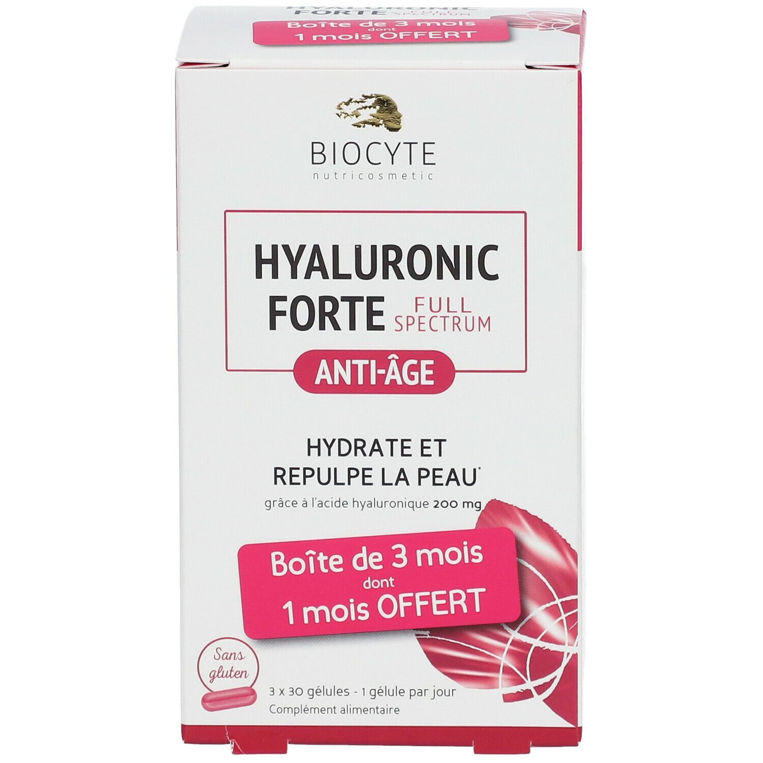 Scatola bianca con dettagli rosa. Scritto: Biocyte, Hyaluronic Forte, Anti-Age. Contiene 3 x 30 capsule. Con la dicitura: Sans gluten.
