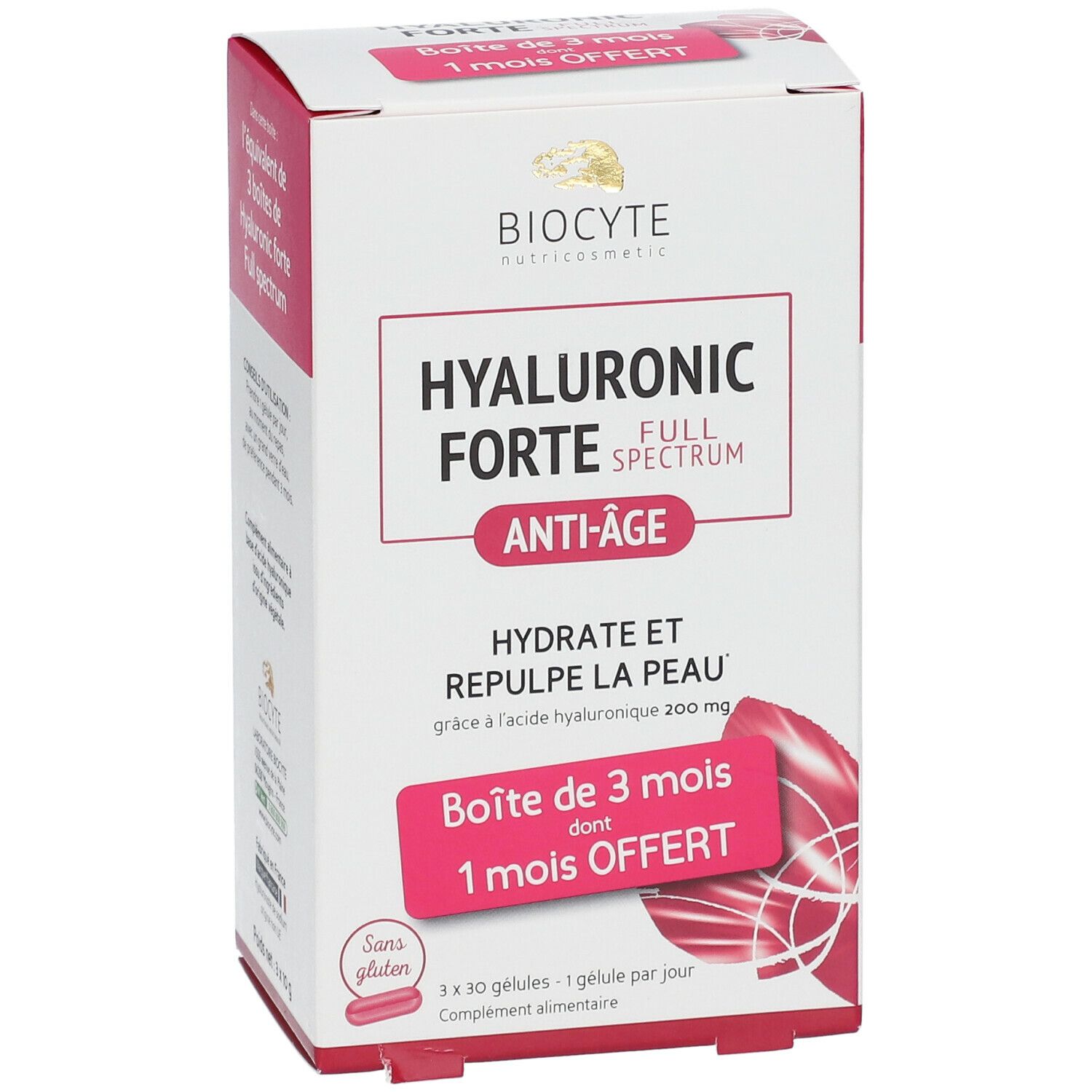 Scatola bianca con dettagli rosa. Scritto: Biocyte, Hyaluronic Forte, Anti-Age. Contiene 3 x 30 capsule. Con la dicitura: Sans gluten.